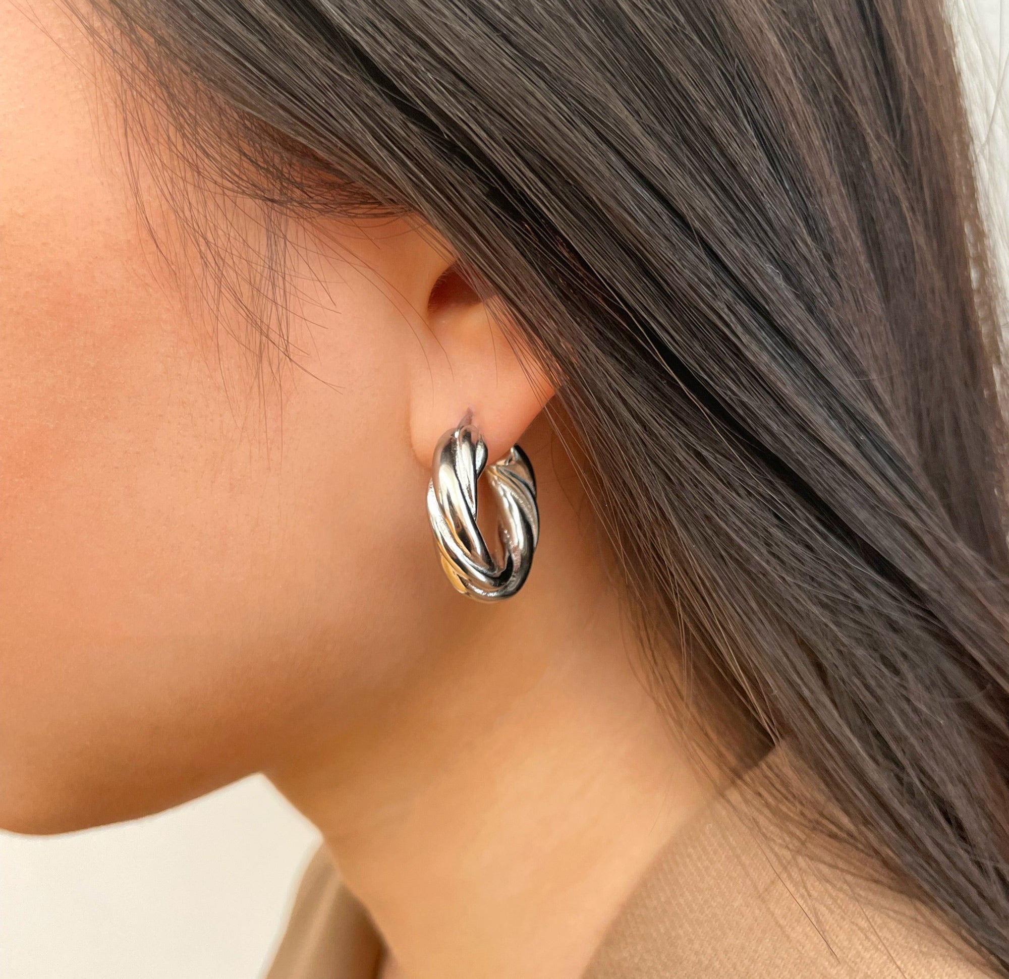 Silver small chunky twist hoop earrings