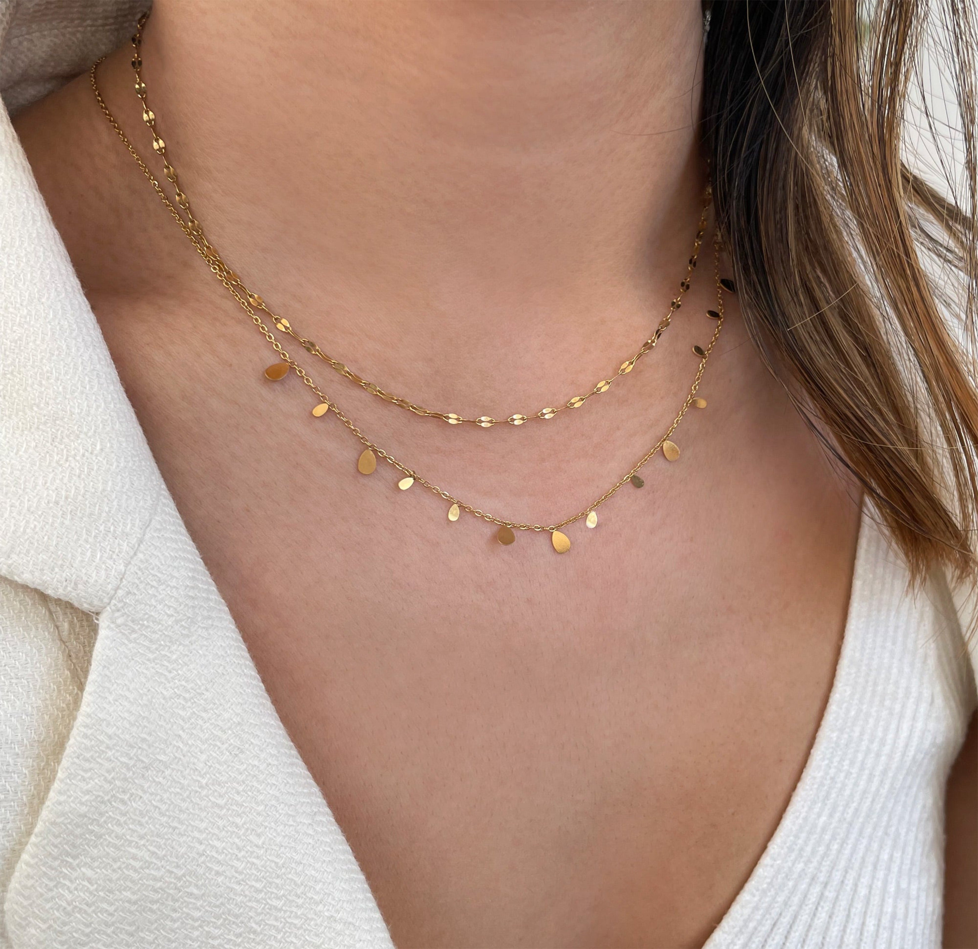 gold dainty tear drop station necklace waterproof jewelry