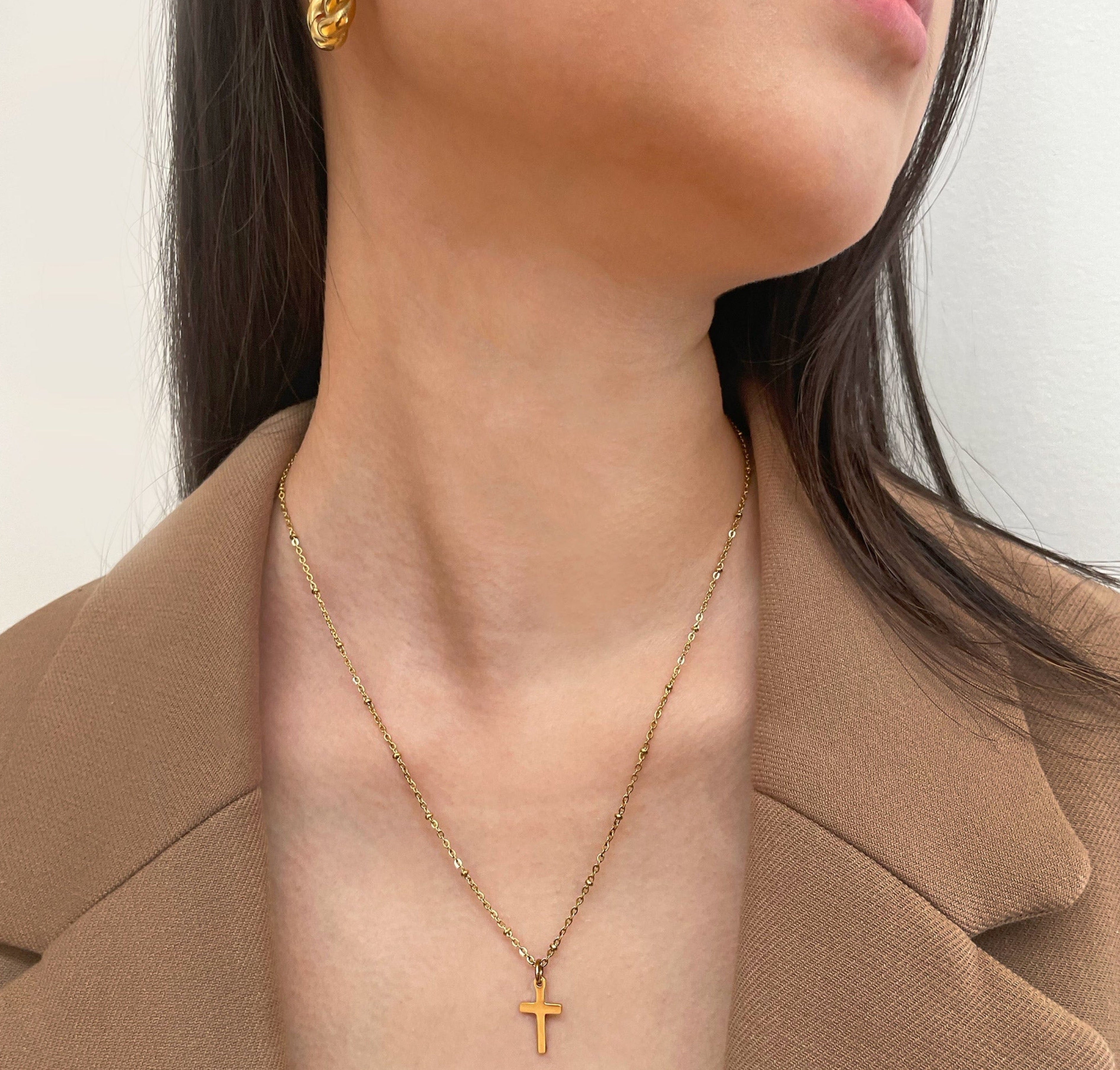 gold dainty cross necklace waterproof jewelry