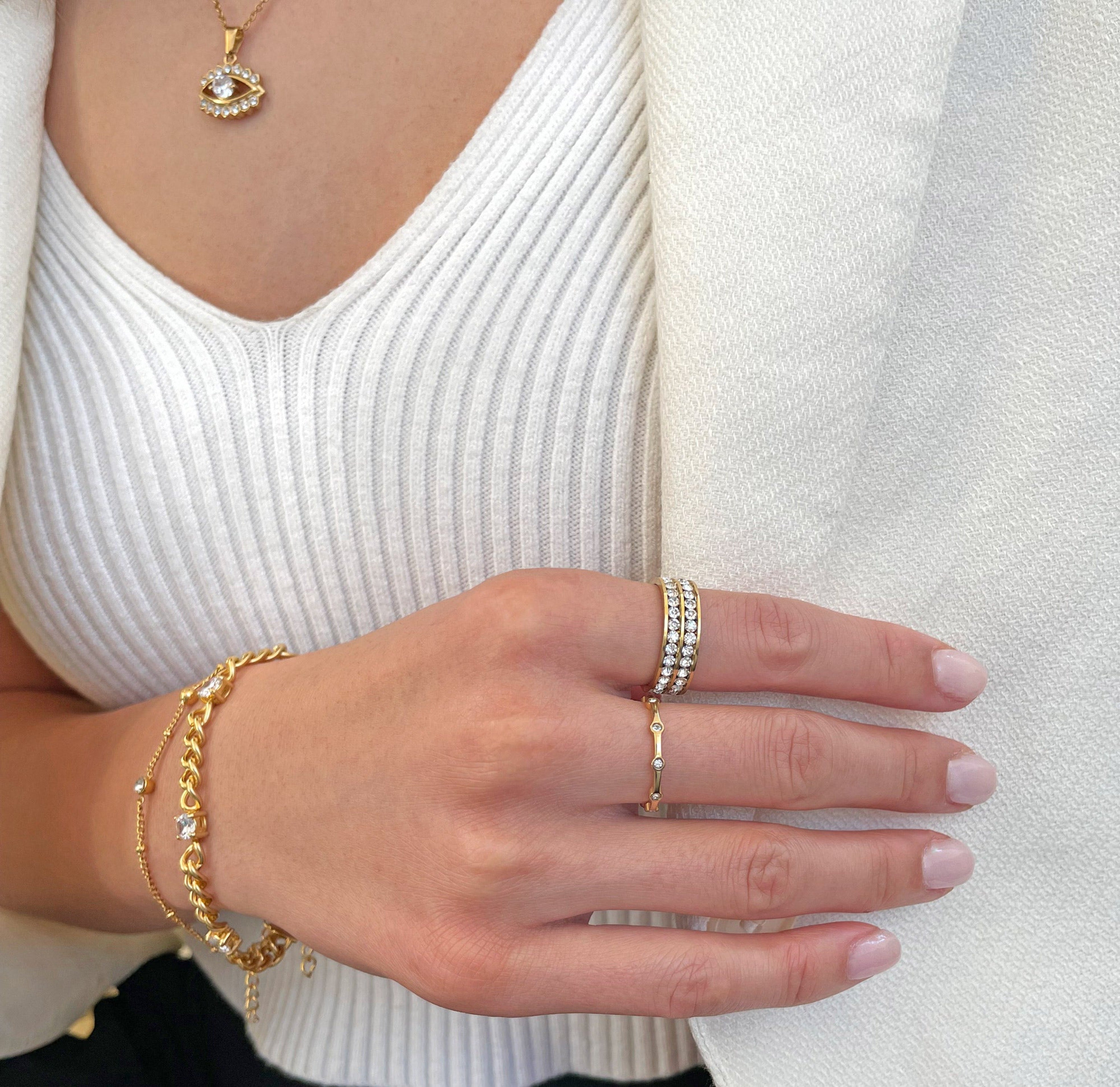 Daphne thin dainty gold pave ring paired with cappucine duo eternity ring, waterproof jewelry