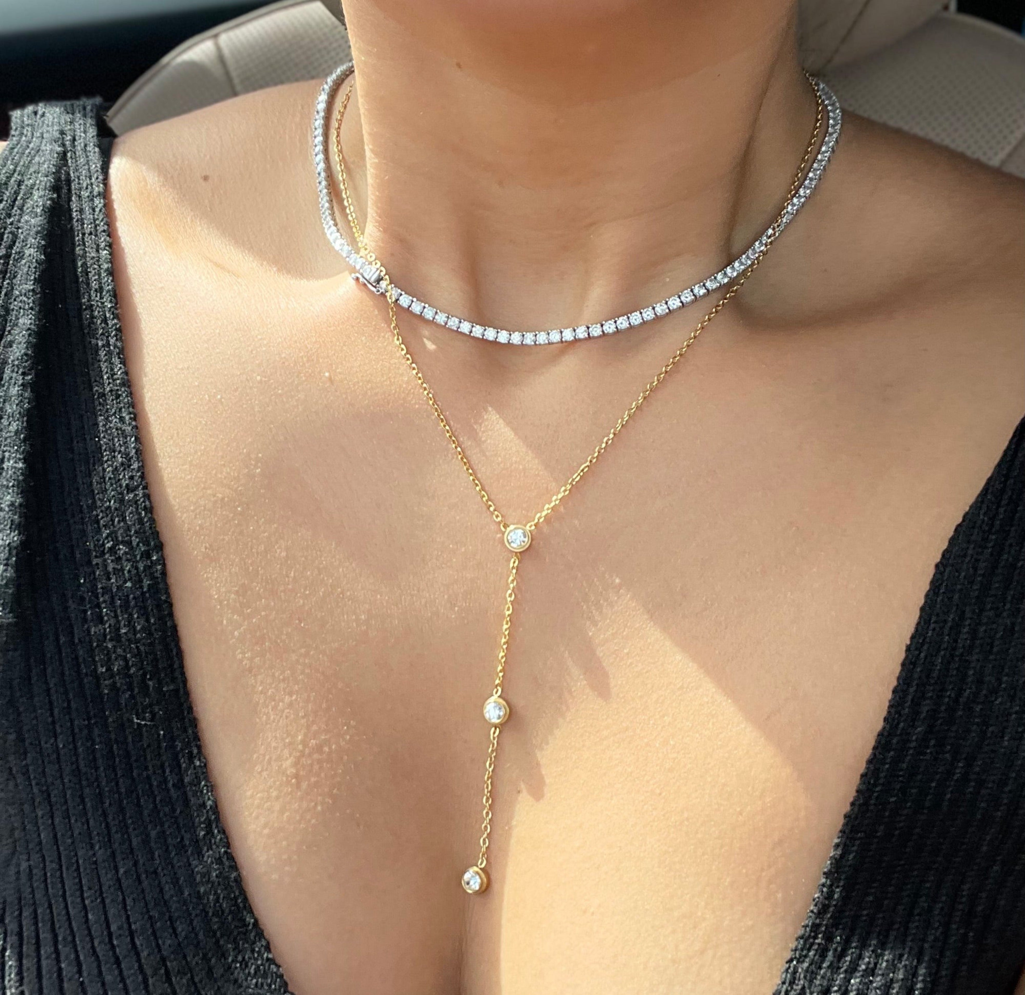 gold diamond dainty lariat necklace waterproof jewelry