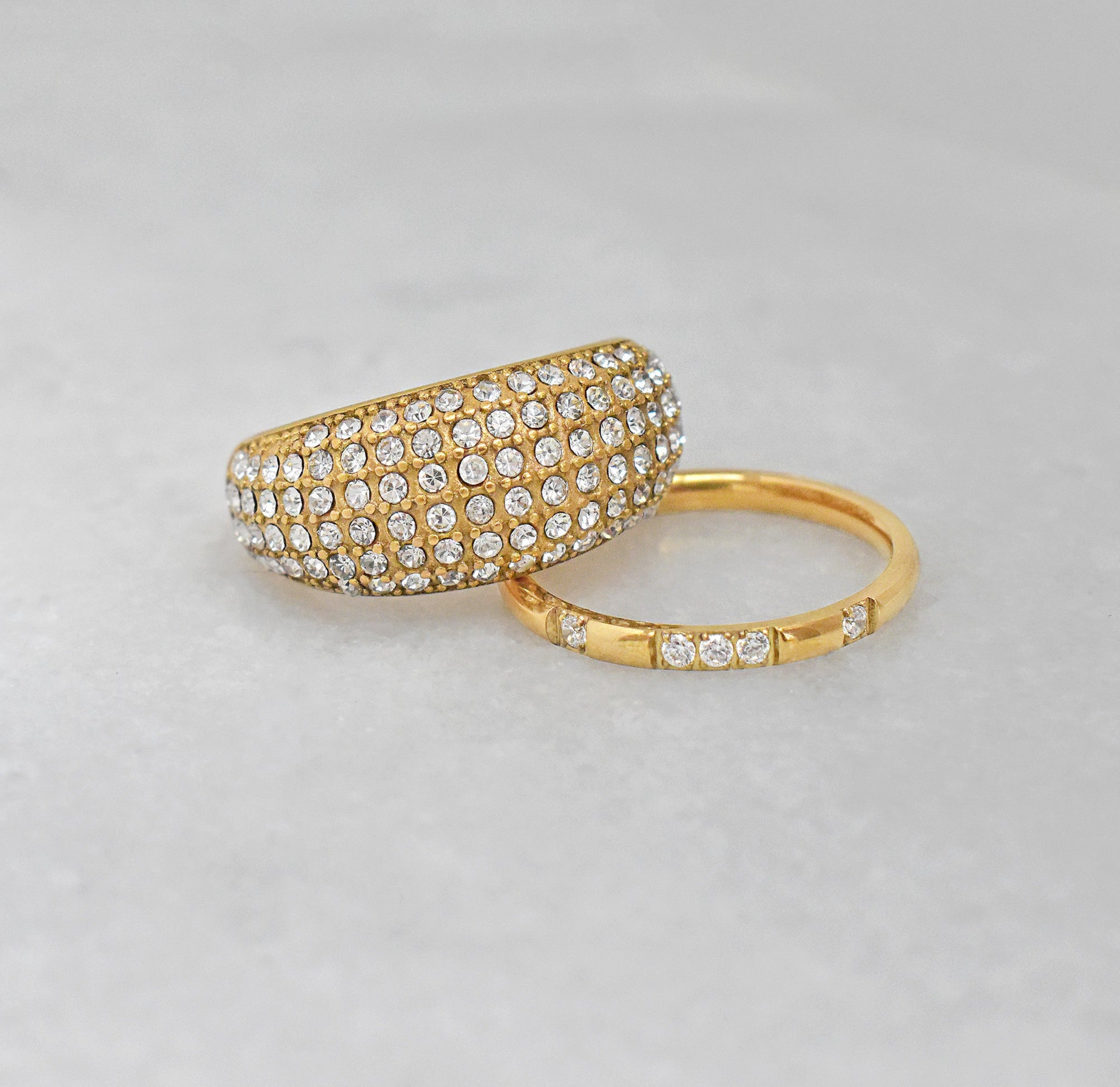 Veda thin gold pave ring band paired with pave dome ring. Gold waterproof jewelry