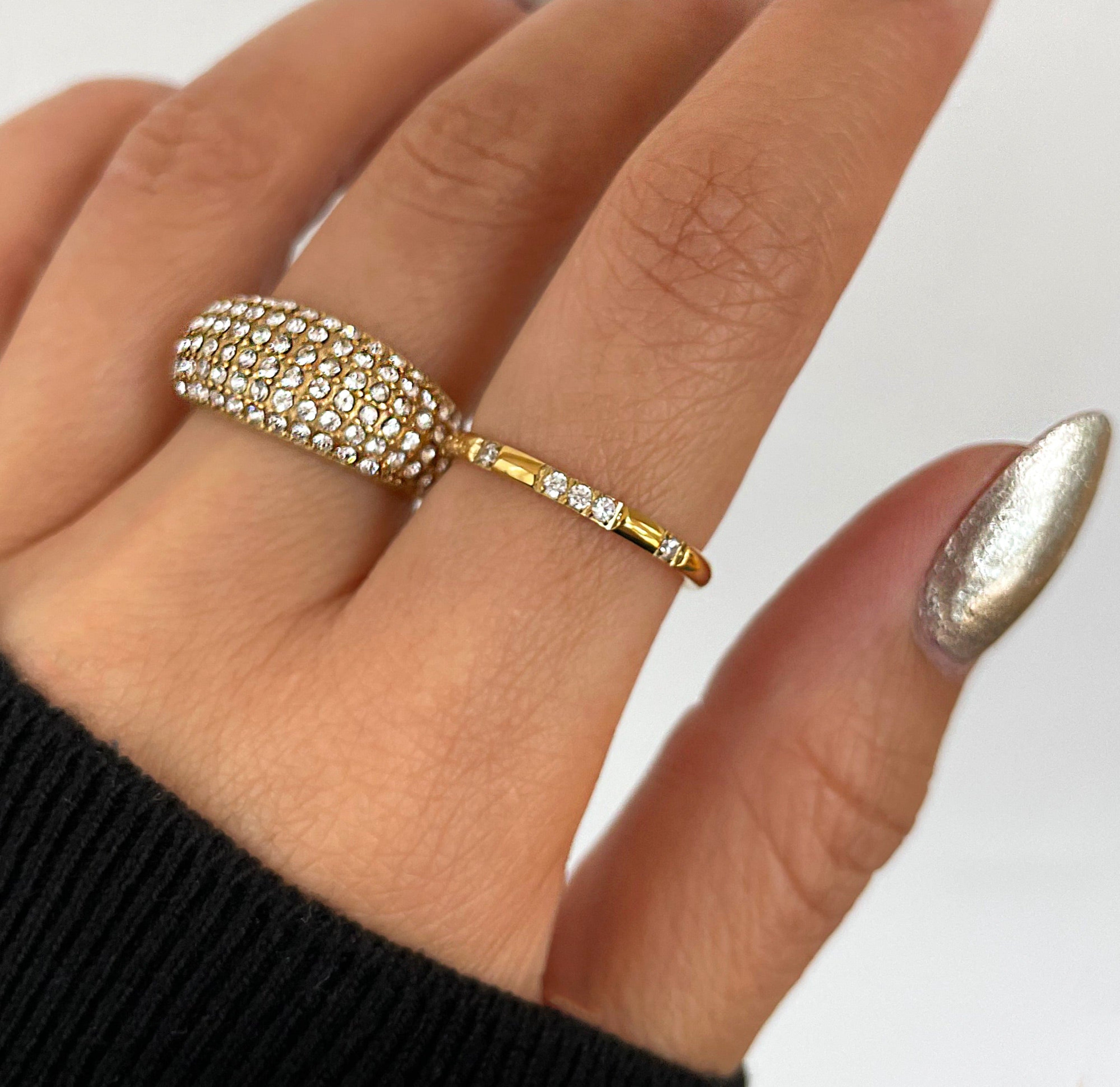 Veda thin gold pave ring band pairs with pave dome ring.  Gold waterproof jewelry