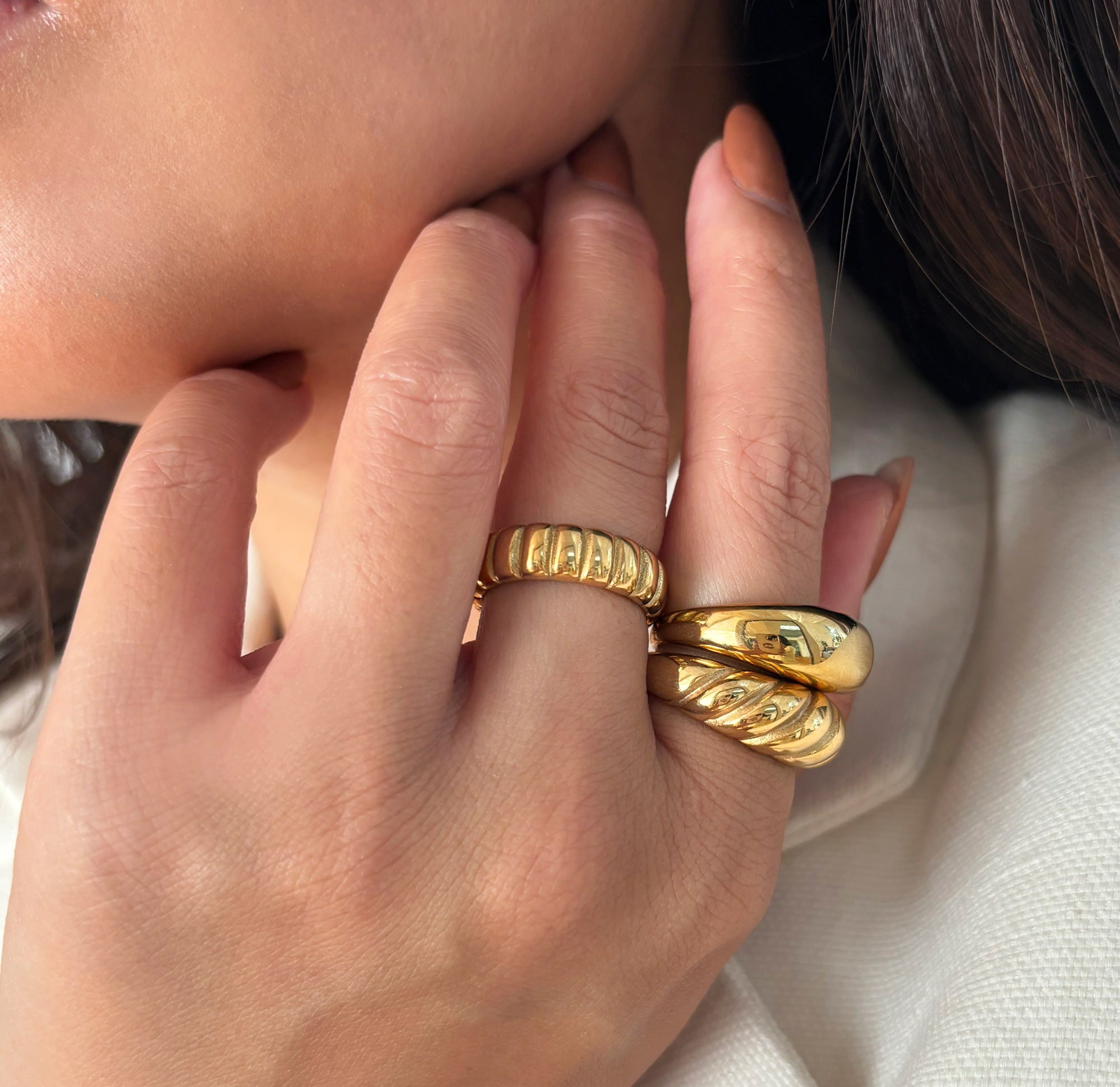 Gold ribbed ring waterproof rings paired with Margaux gold stacked with Capri gold dome ring waterproof rings
