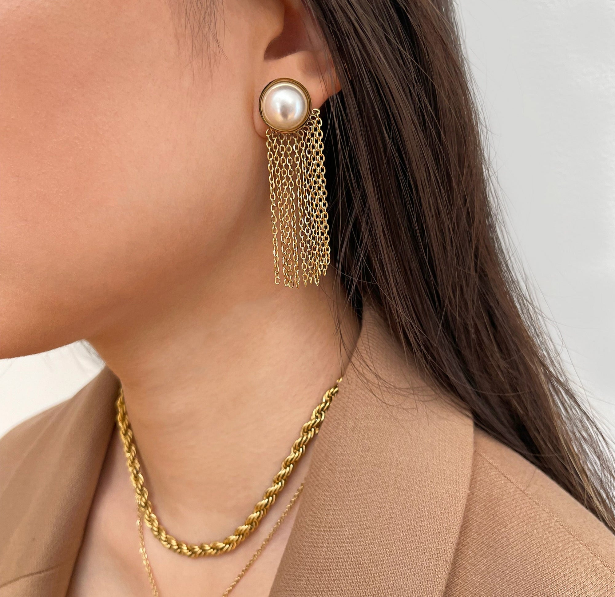 gold tassel pearl earrings waterproof jewelry