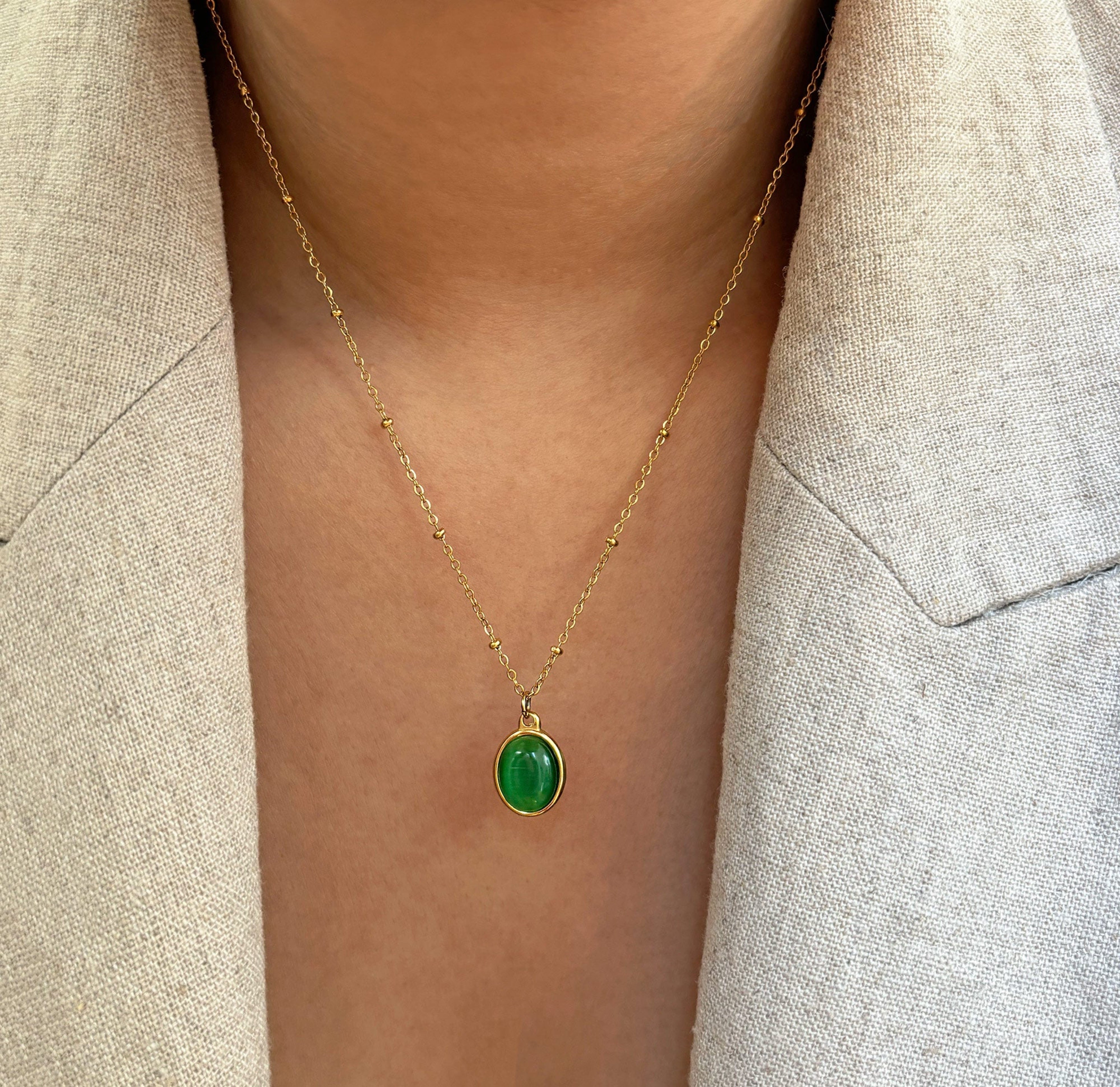 green cats eye oval pendant necklace waterproof jewelry