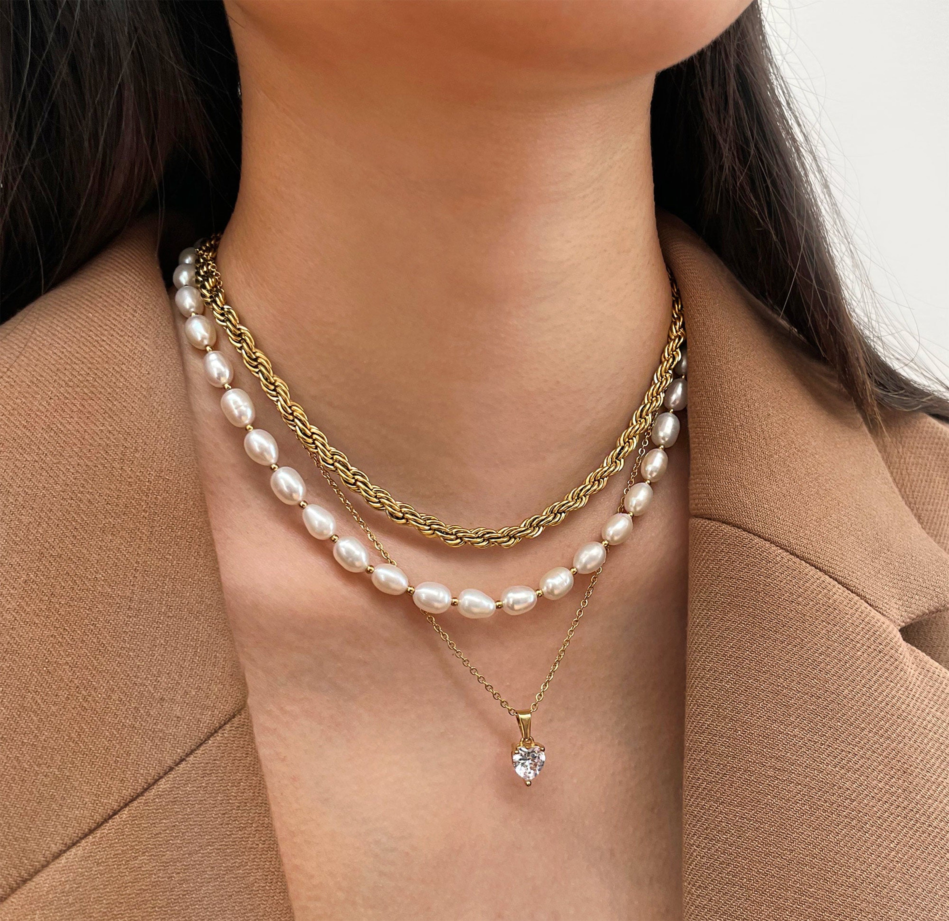 heart diamond pendant necklace stack waterproof jewelry
