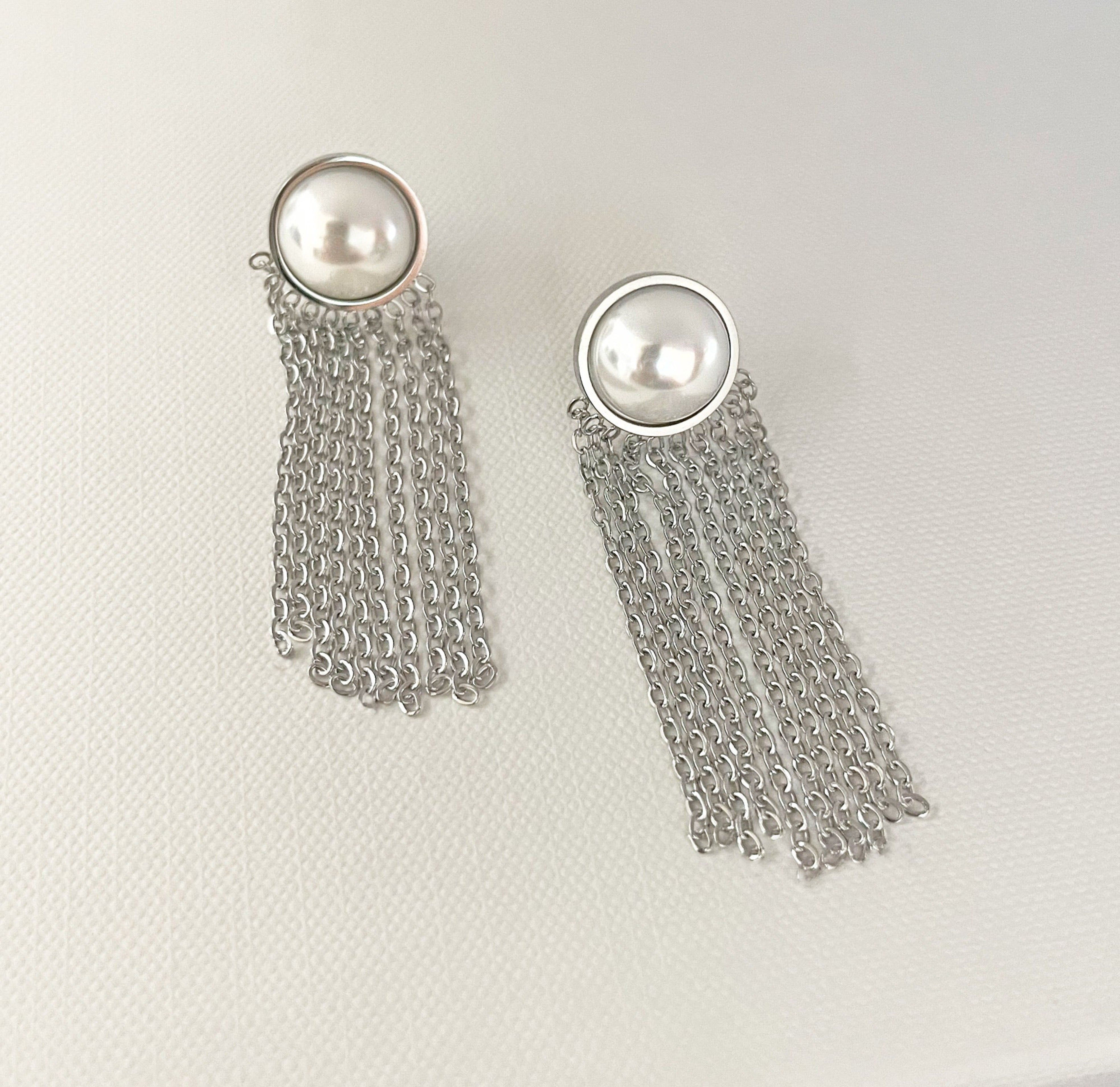 silver pearl tassel earrings waterproof jewelry