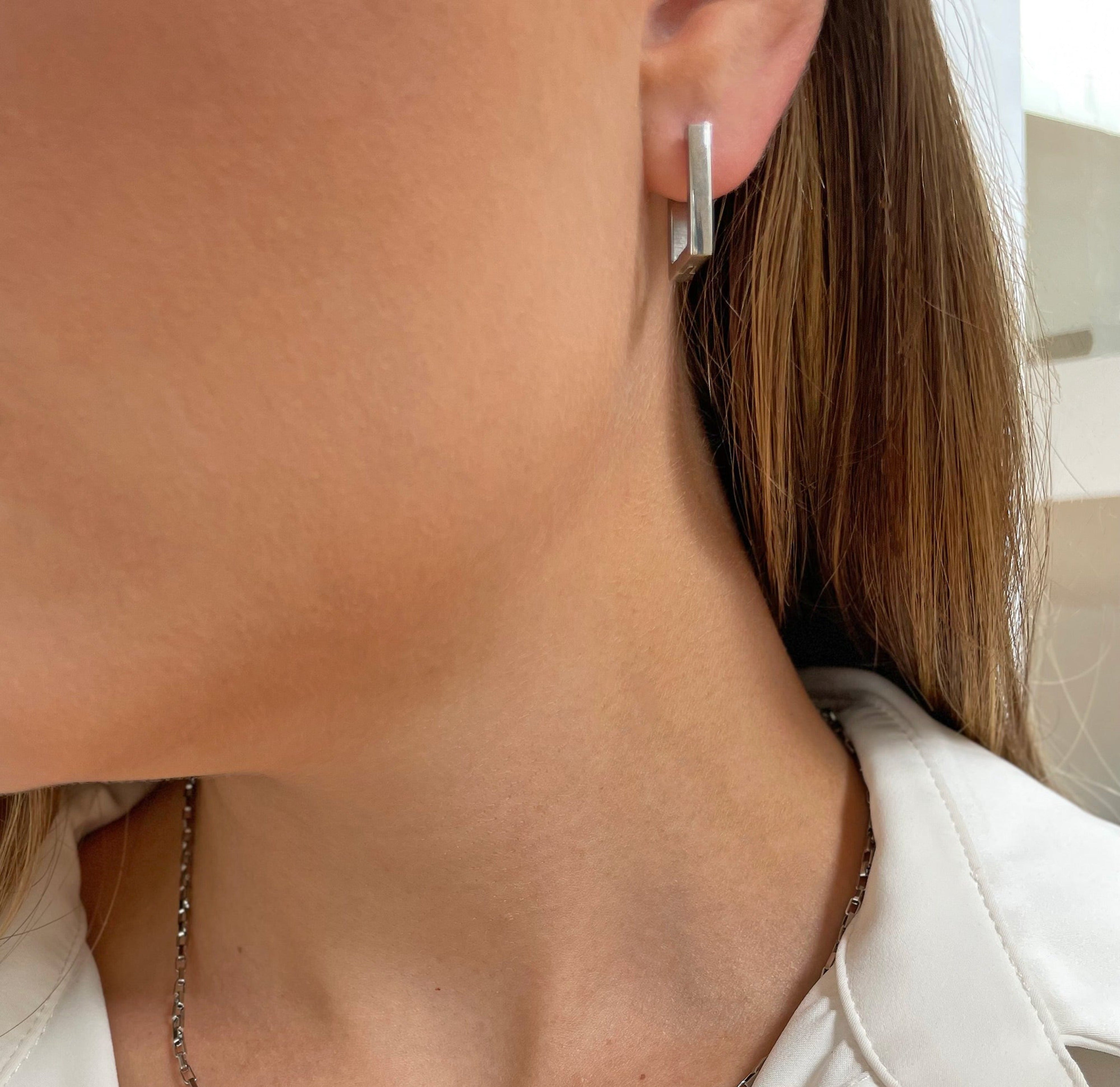 silver square huggie earrings waterproof jewelry