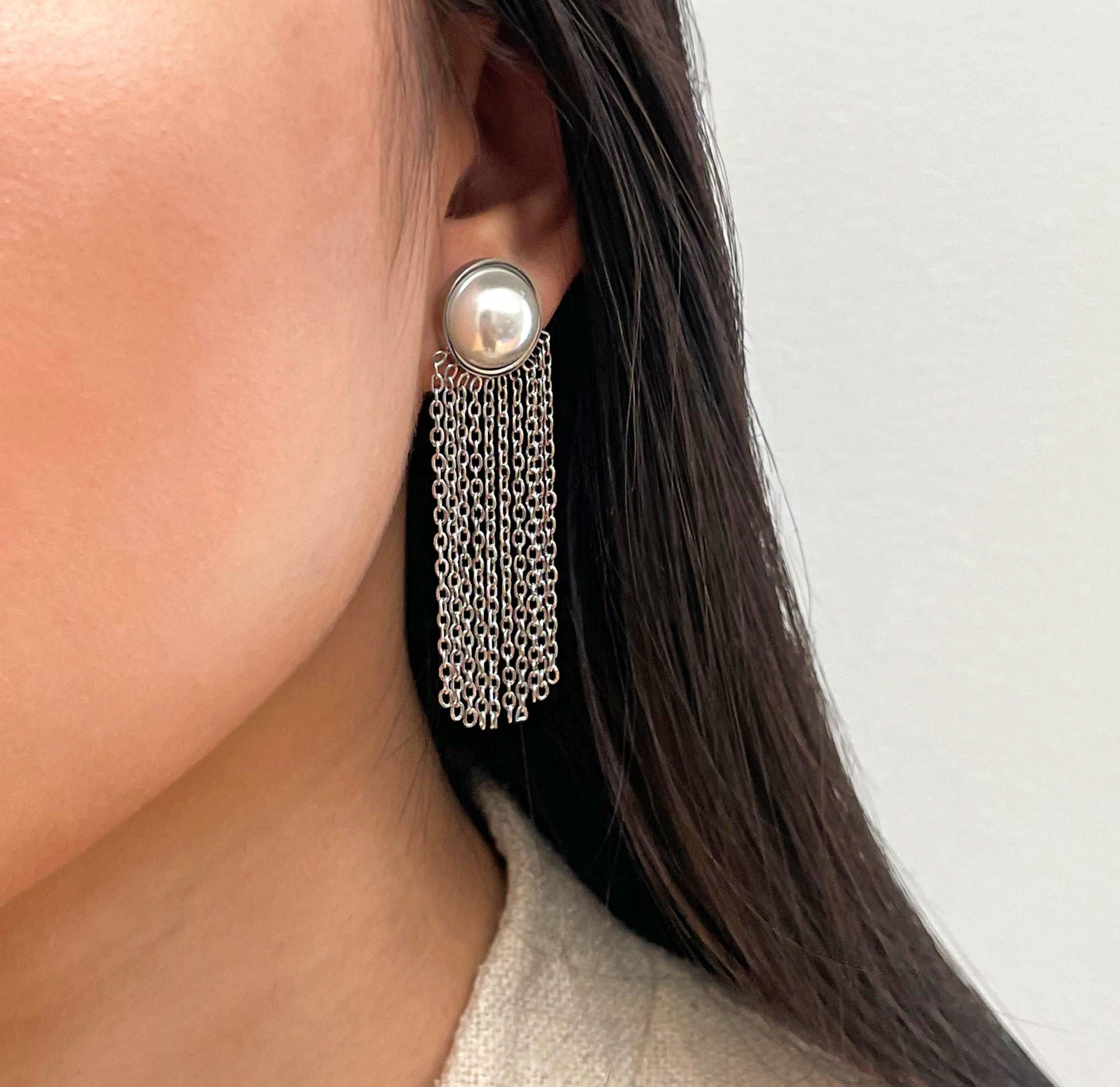 silver pearl tassel earrings waterproof jewelry