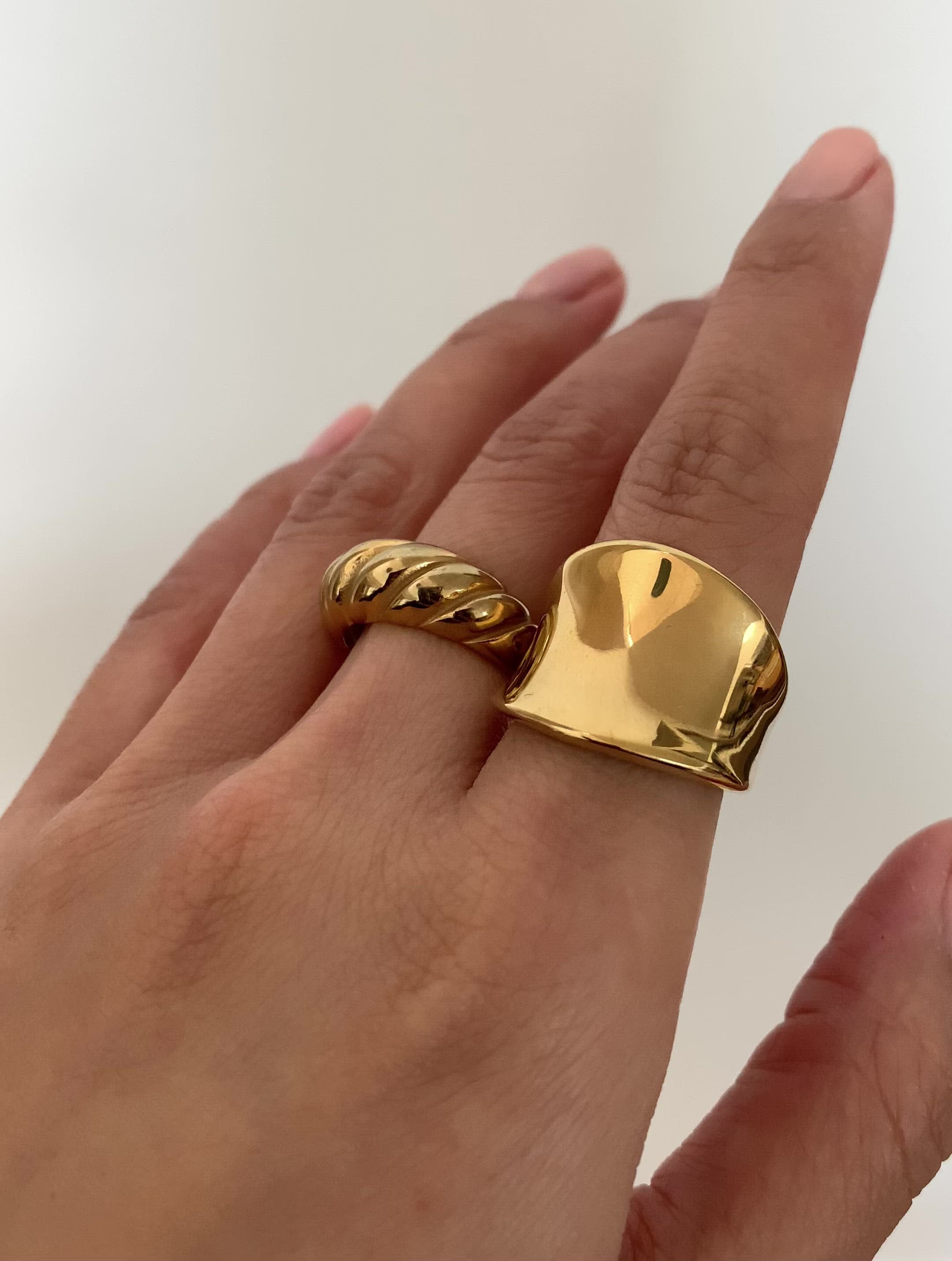 Jordyn gold saddle ring paired with gold Margaux croissant ring. Gold  waterproof jewelry 