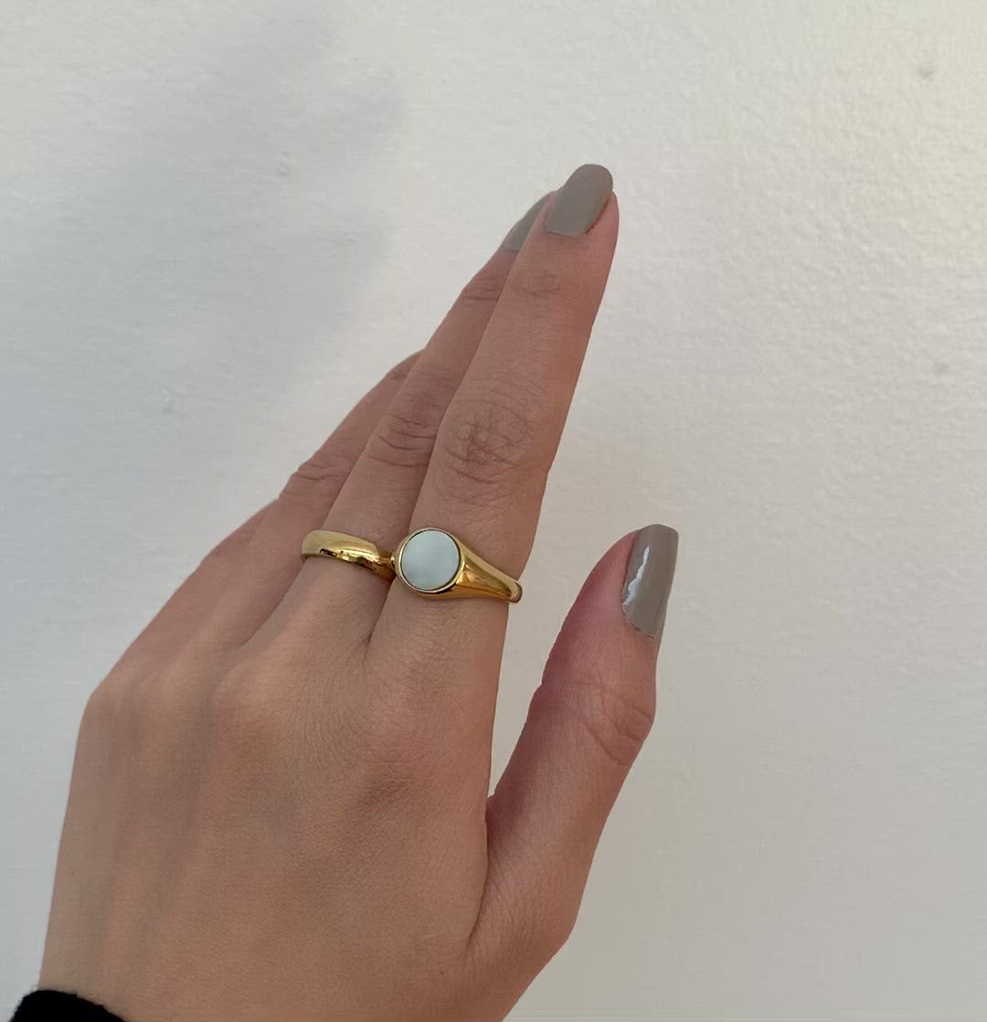 Gold Carson ring, classic medium ring band with high polish finish and comfort fit paired with Gold Demi round pearl signet ring. Waterproof Jewelry