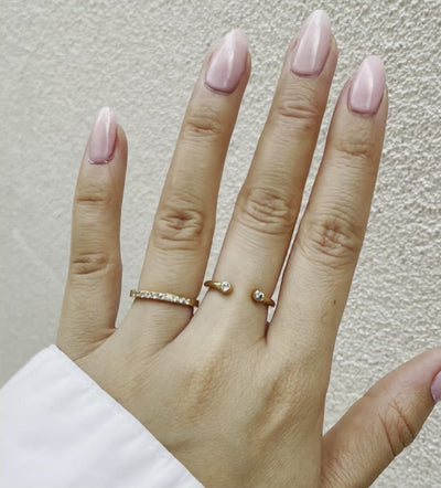 Jolie dainty gold open ring  paired with Stella half eternity ring. waterproof jewelry
