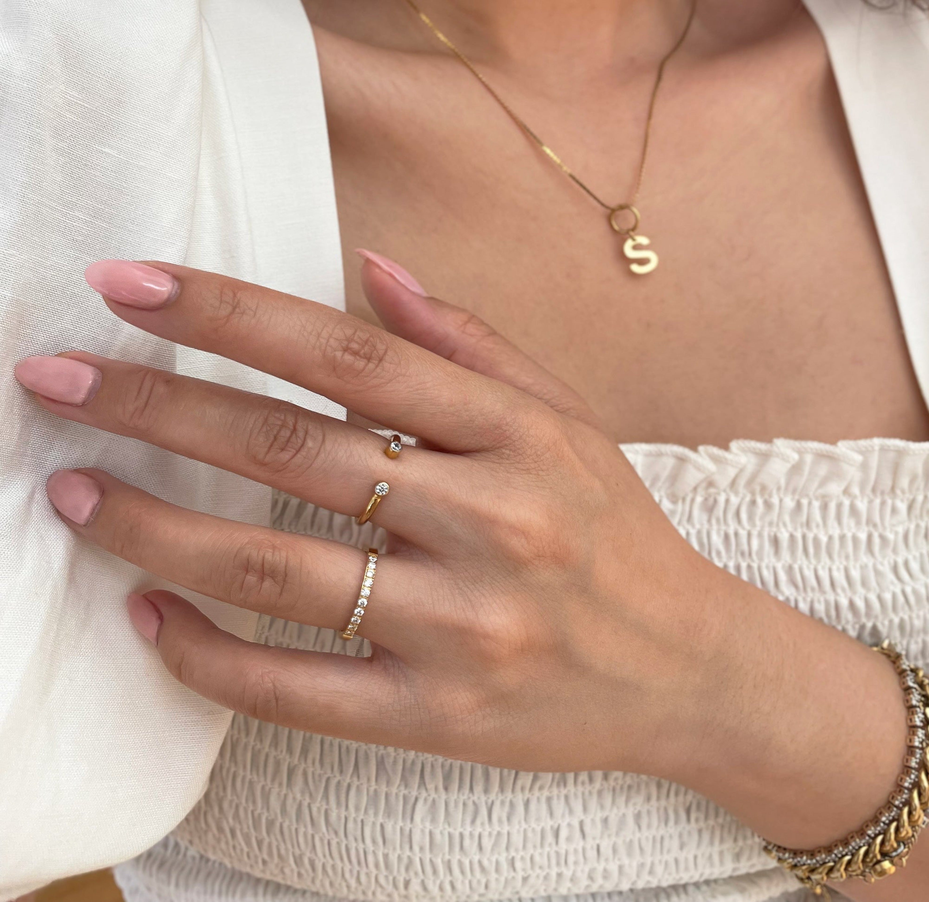 Jolie dainty gold open ring paired with Stella hand eternity ring.  waterproof jewelry