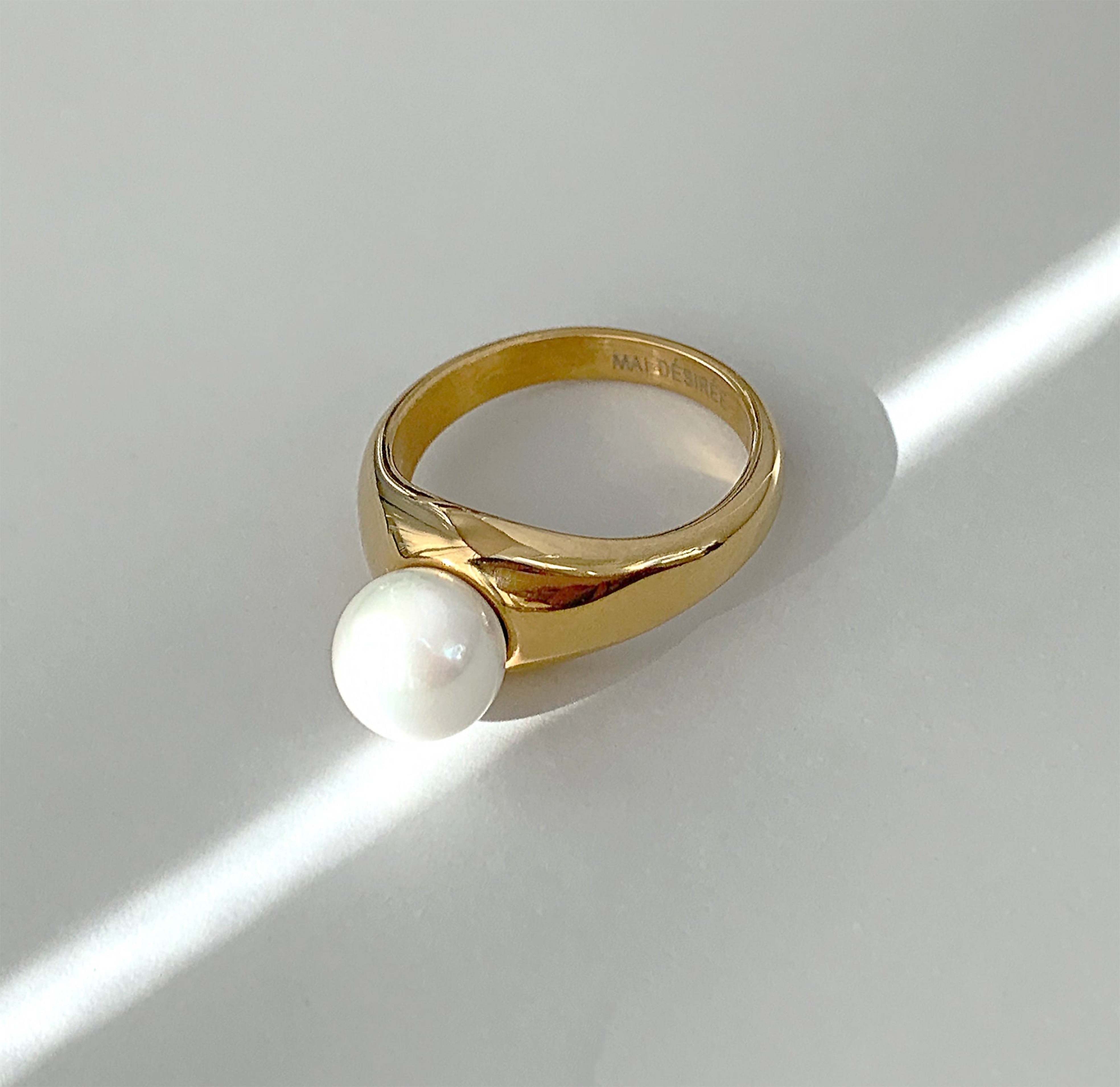 June gold pearl ring. Gold waterproof jewelry