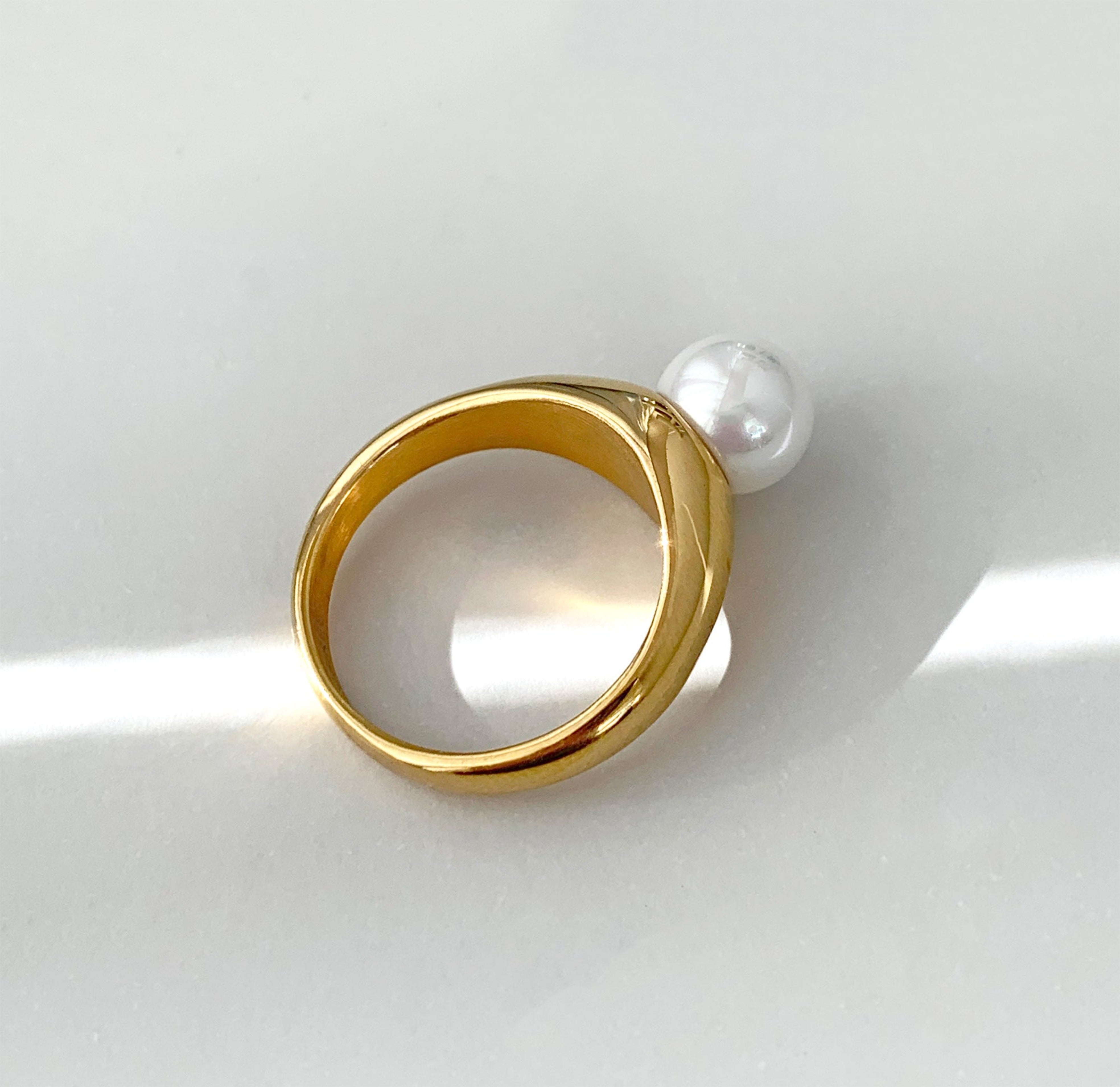June gold pearl ring.  Gold waterproof jewelry