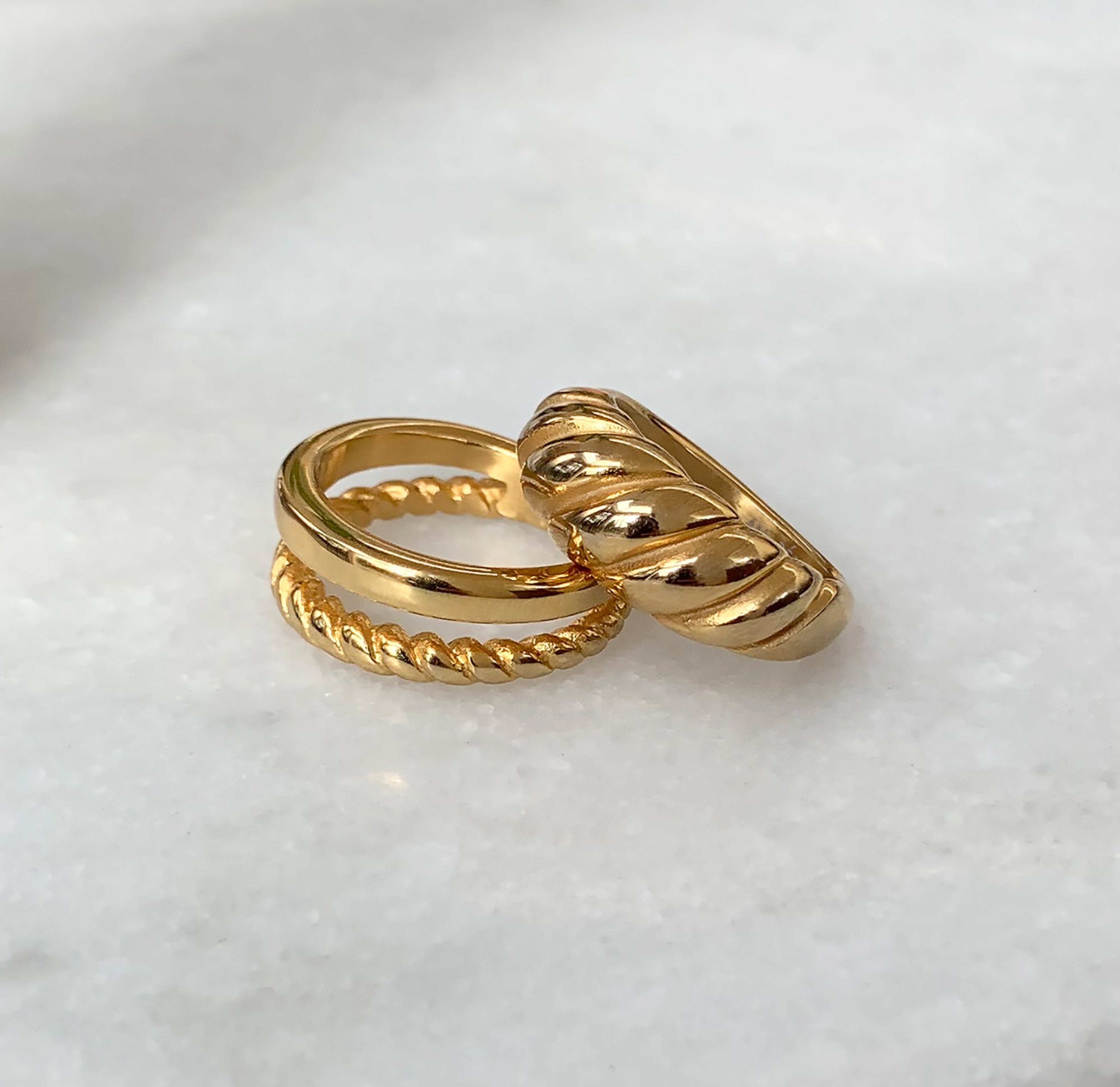 gold duo bidy ring paired with gold Margaux croissant ring. waterproof ring jewelry