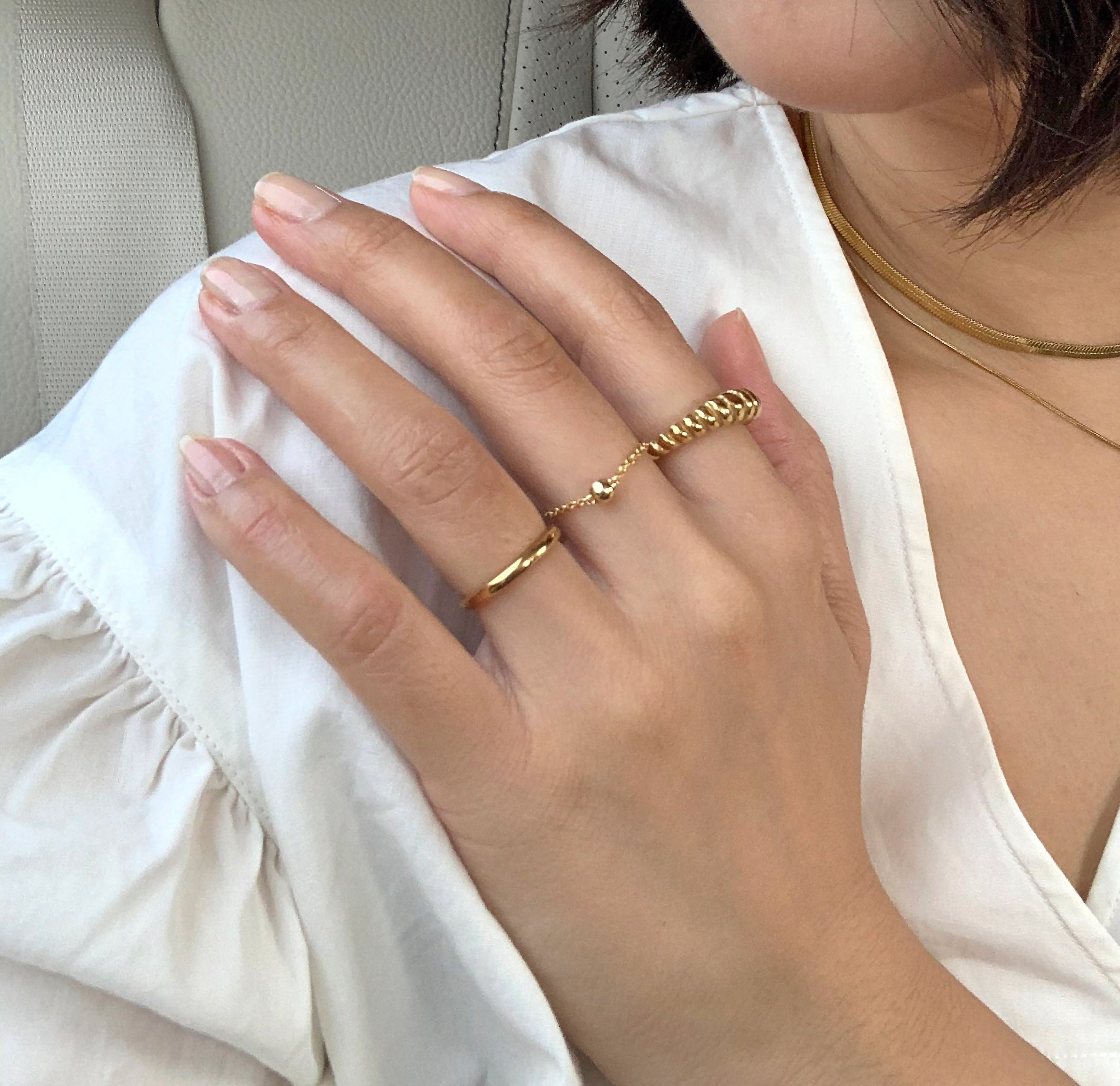 Mika dainty gold chain ring paired with Camron thin croissant ring and Didi gold ring band. 