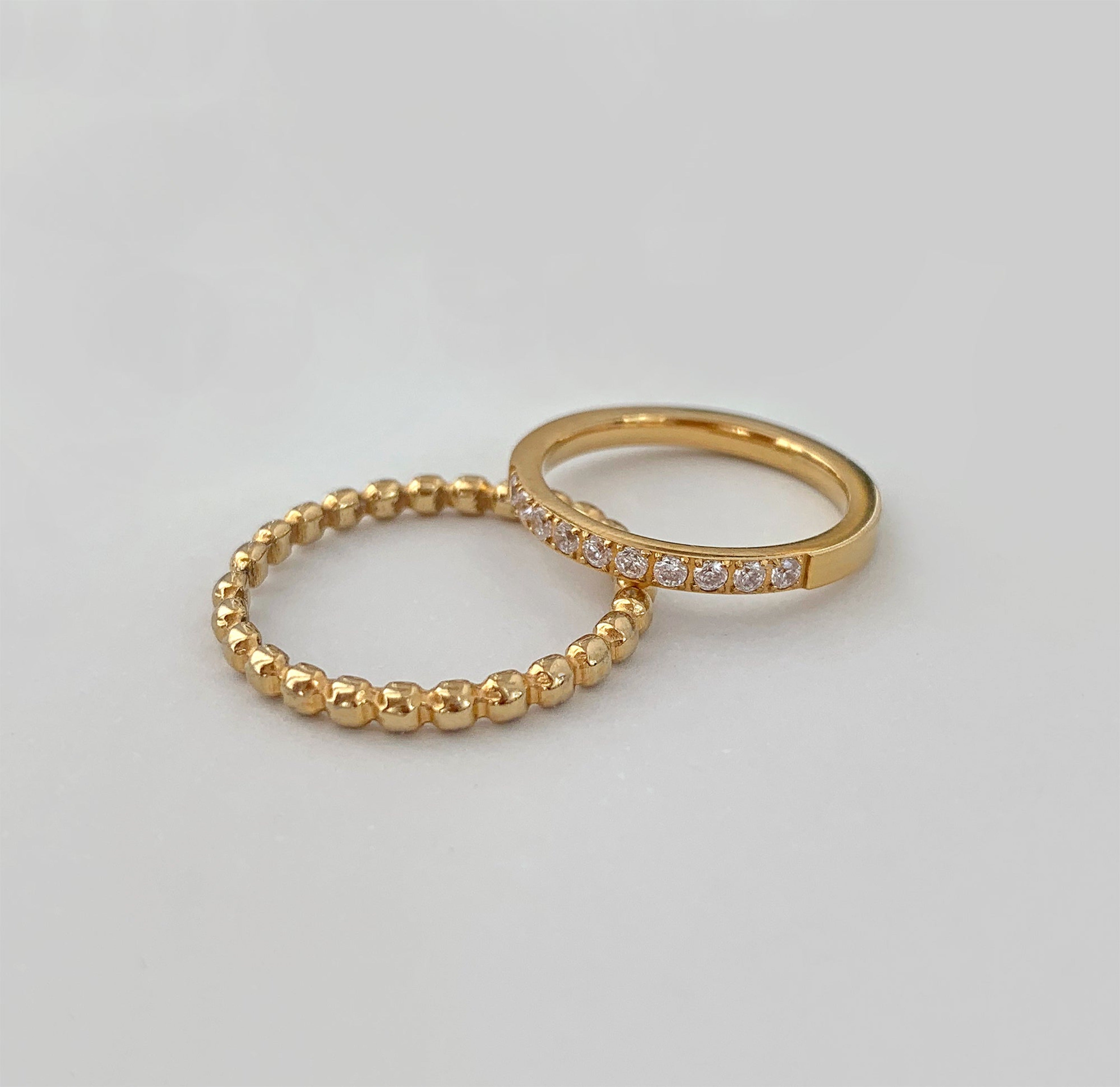 Jaina thin gold beaded ring paired with Stella gold hand eternity ring, Waterproof jewelry
