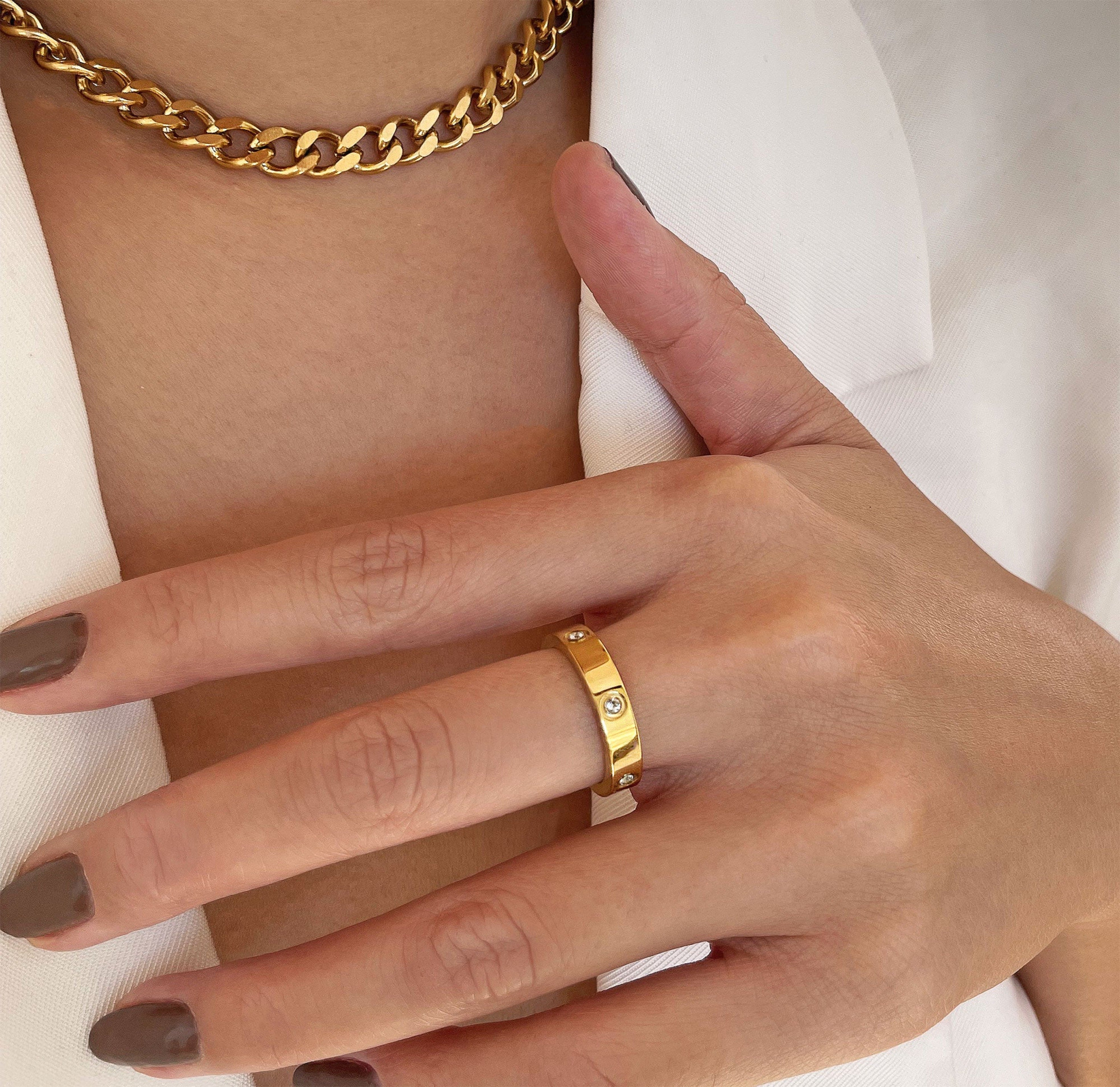 gold Carrie Pave ring worn on model paired with Roslyn medium curb chain necklace waterproof jewelry