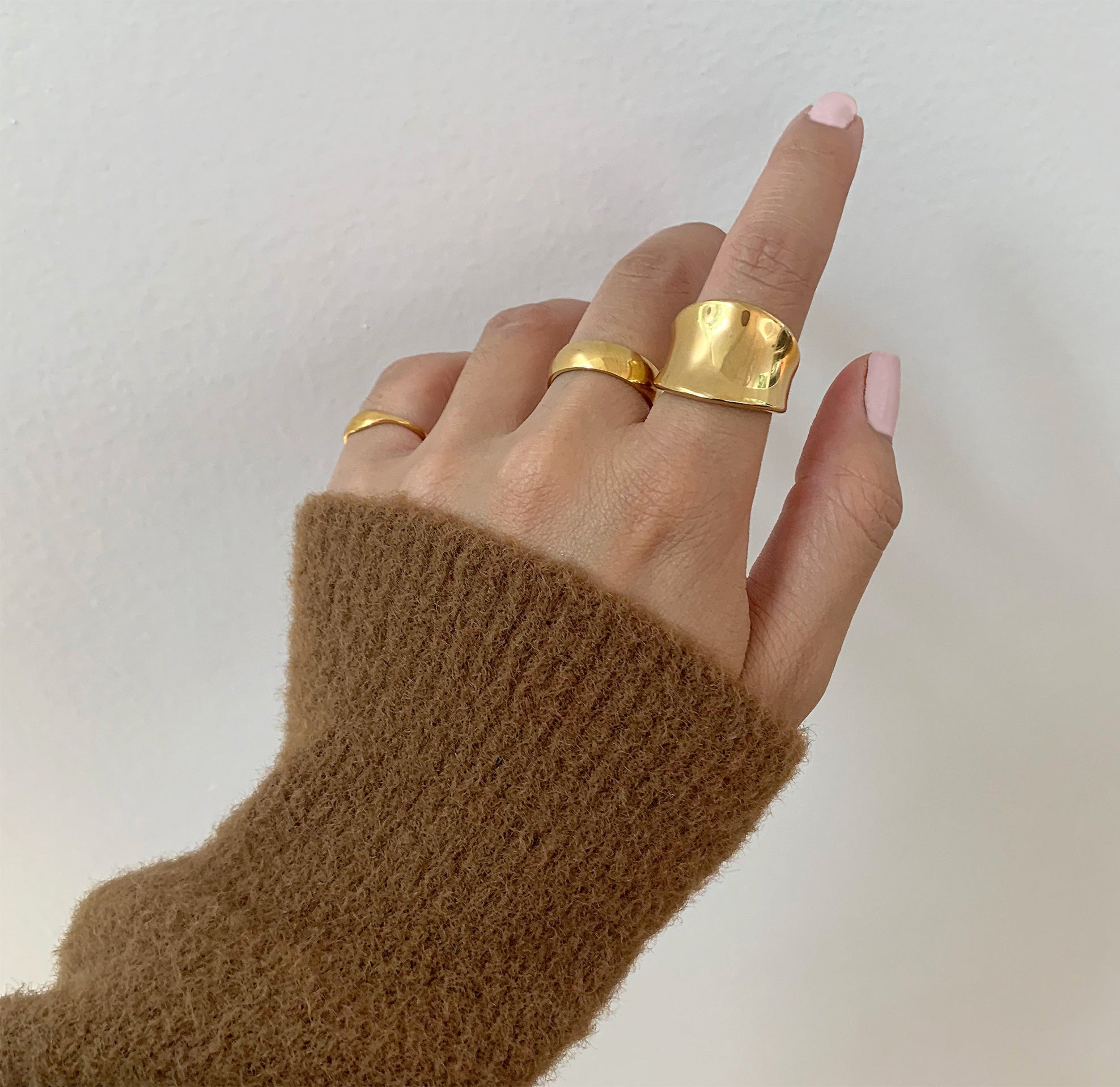 gold saddle ring  worn with Carson ring band on model, High quality waterproof jewelry