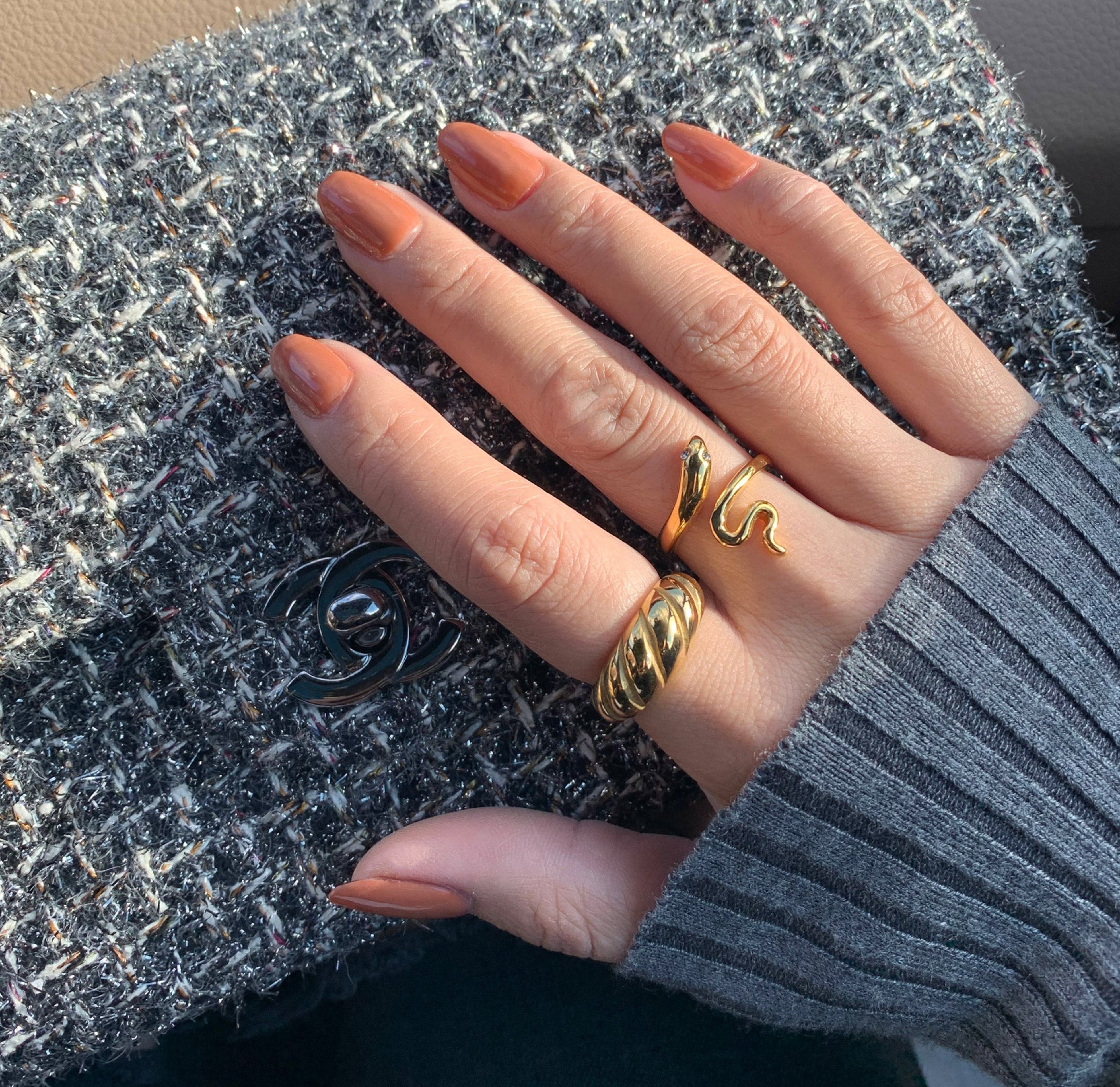 gold snake rings paired with Margaux gold croissant ring waterproof jewelry