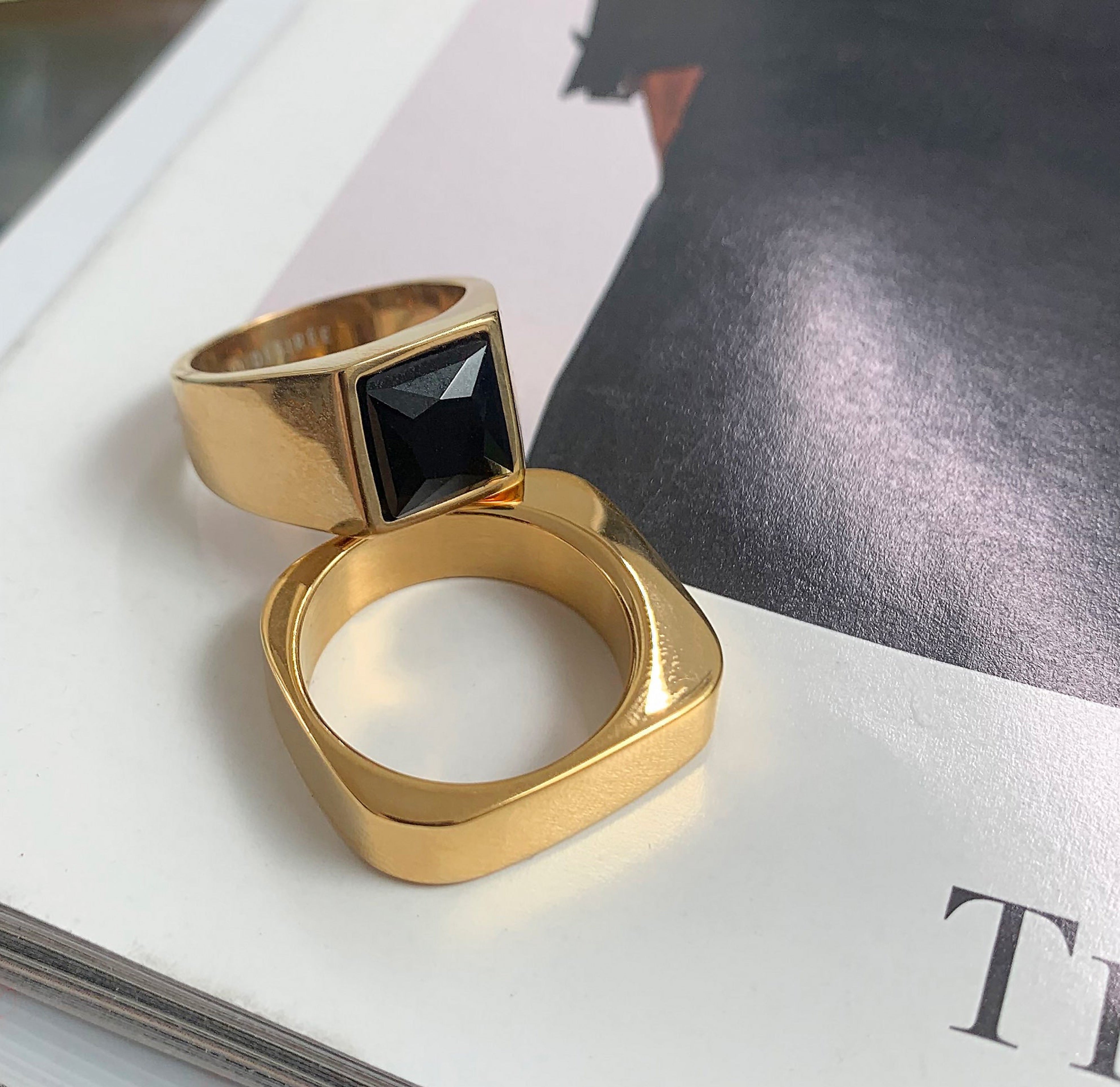 black onyx signet ring paired with Whitney square ring. Waterproof jewelry