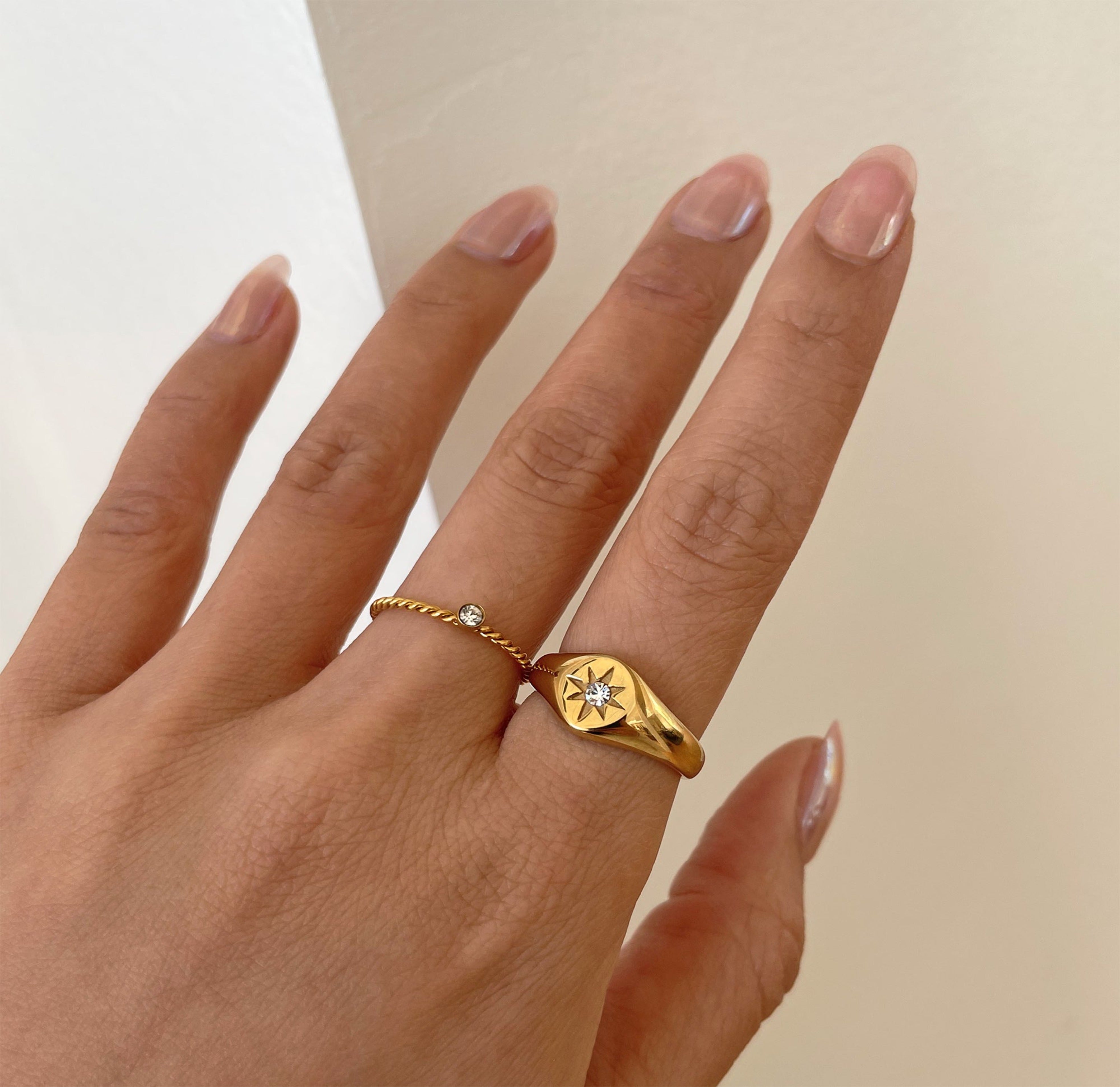 gold starburst signet ring waterproof jewelry