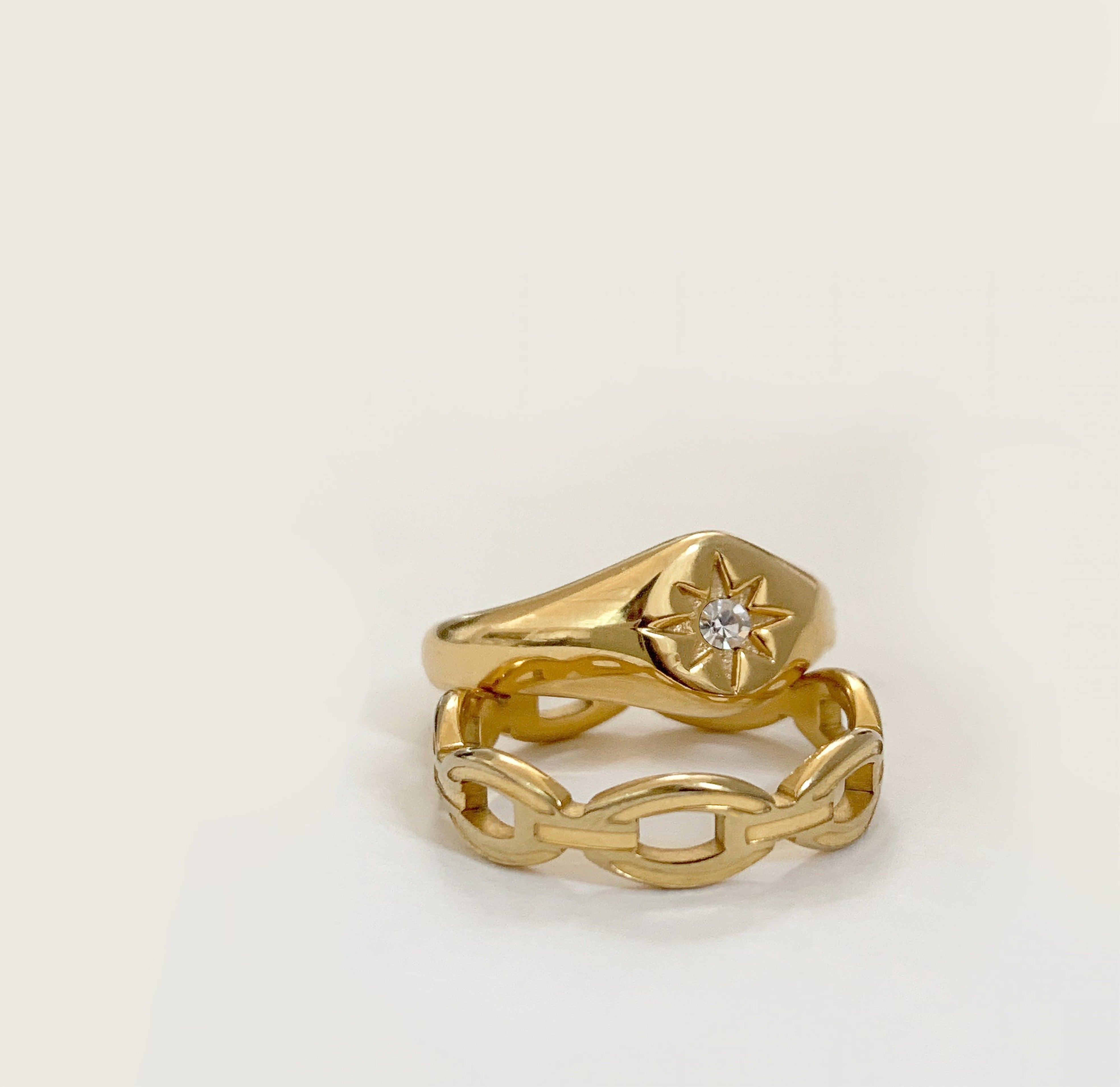 gold star signet ring gold jewelry waterproof rings and paired with the Dylan gold chain ring