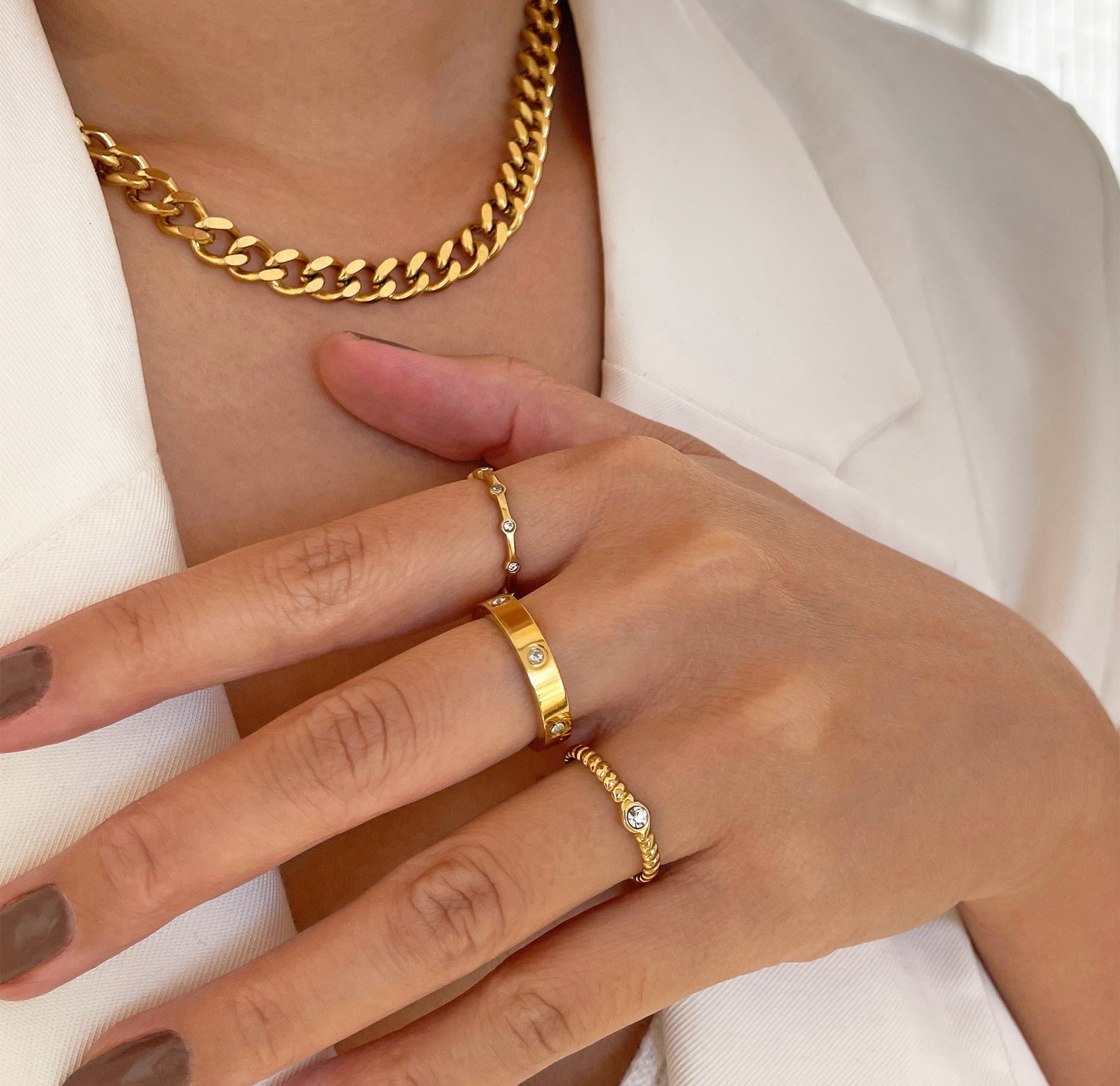 Daphne thin dainty gold pave ring, paired with Helina adjustable ring and Carrie gold ring,  waterproof jewelry