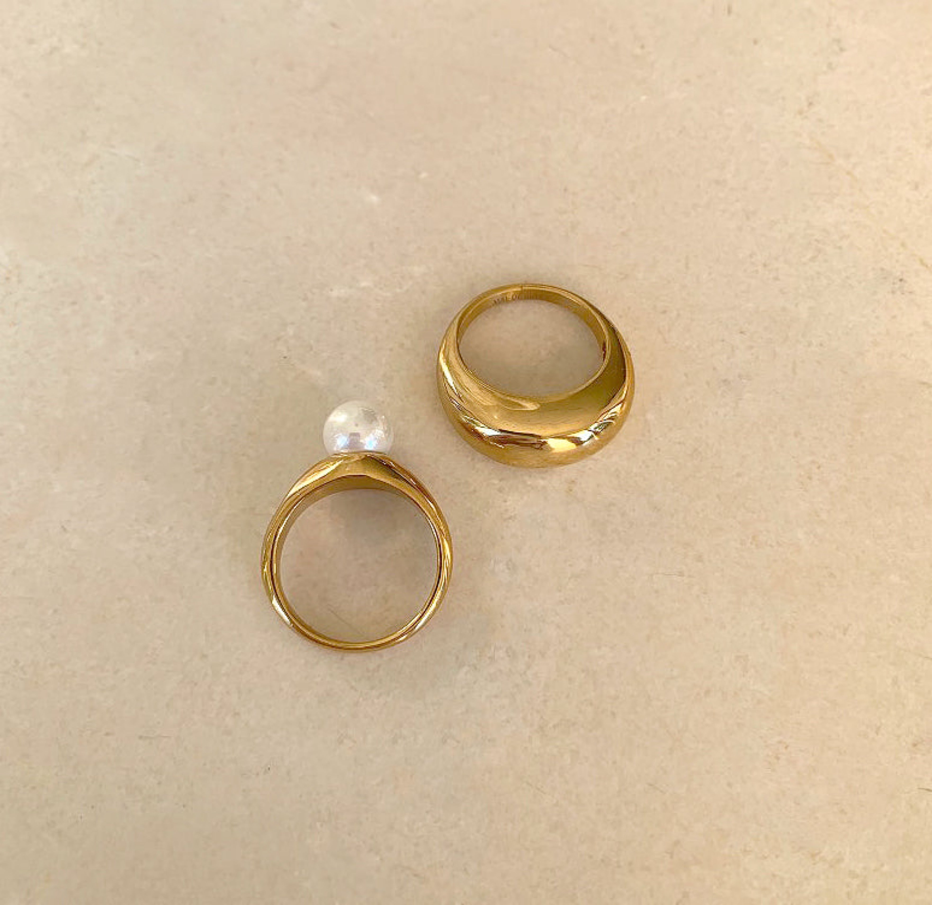 Gold dome ring sample  paired with June Pearl ring. High quality waterproof jewelry