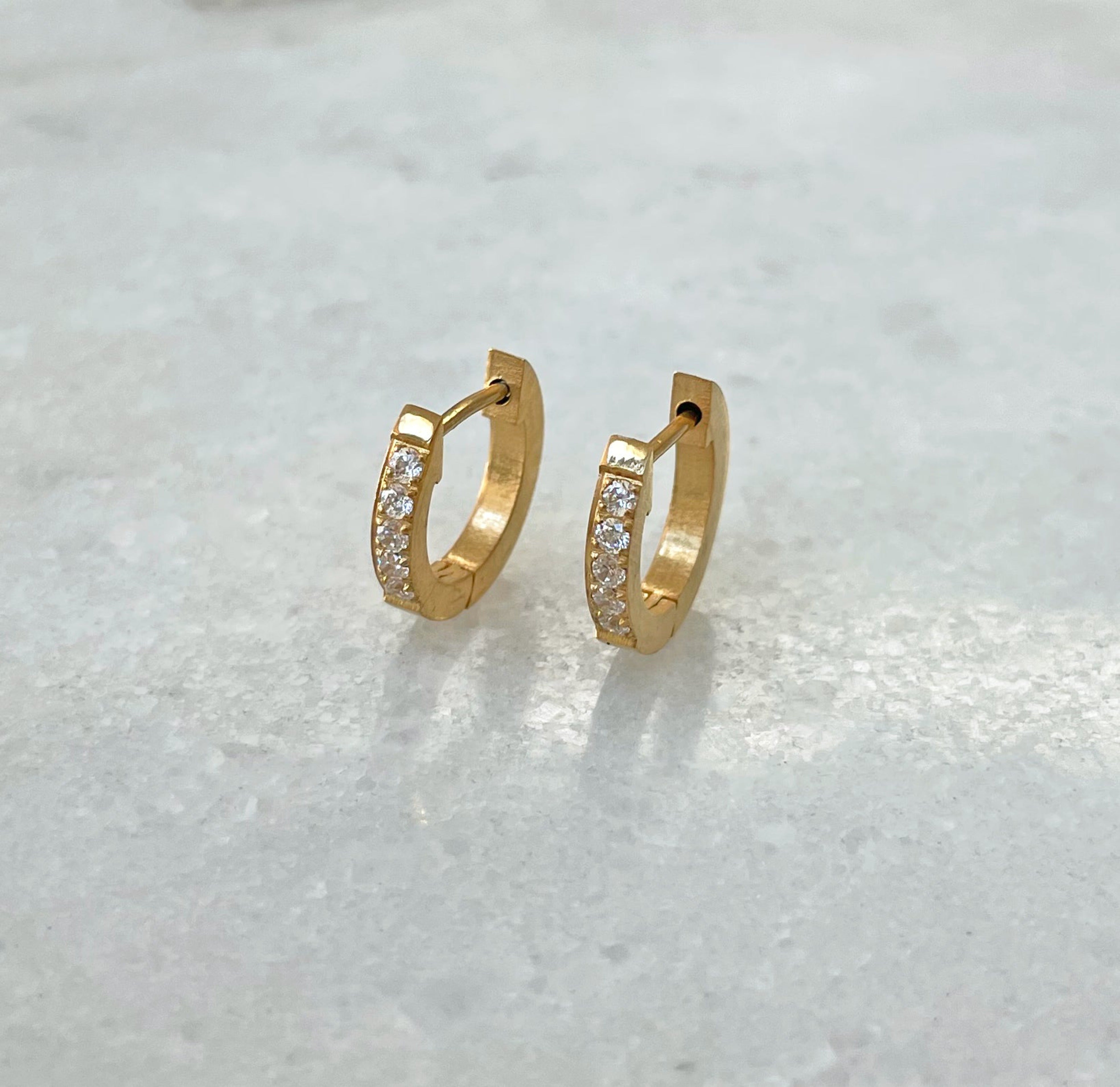 gold pave huggie hoop earring waterproof jewelry