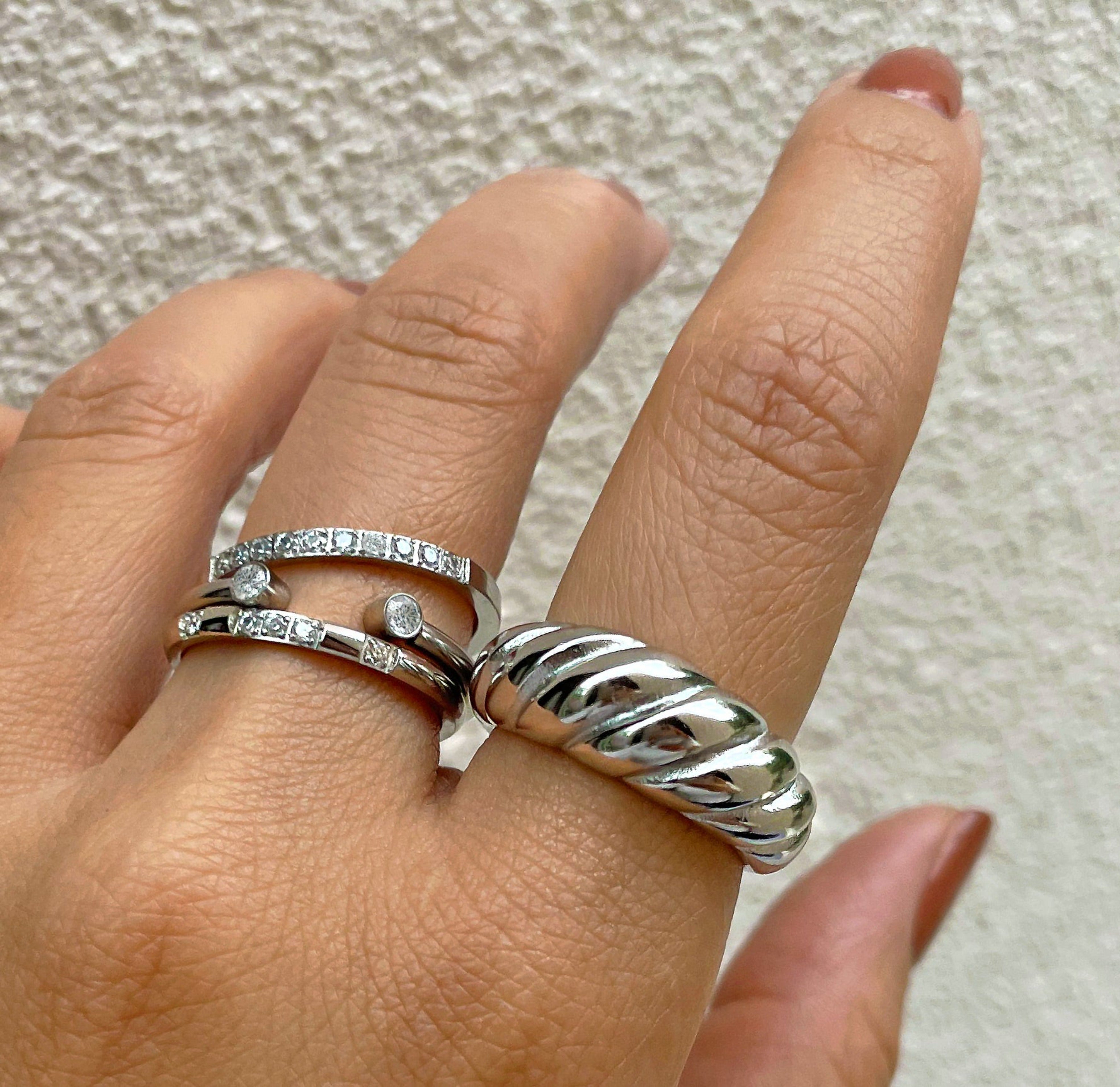 Jolie dainty silver open ring paired with Margaux silver croissant ring worn on model. Waterproof jewelry