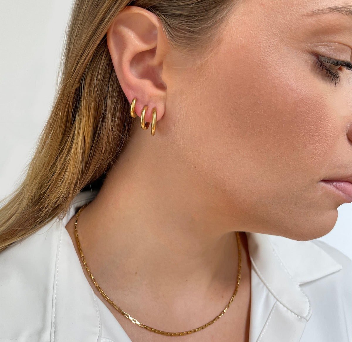 triple gold hoop huggie earring set waterproof jewelry