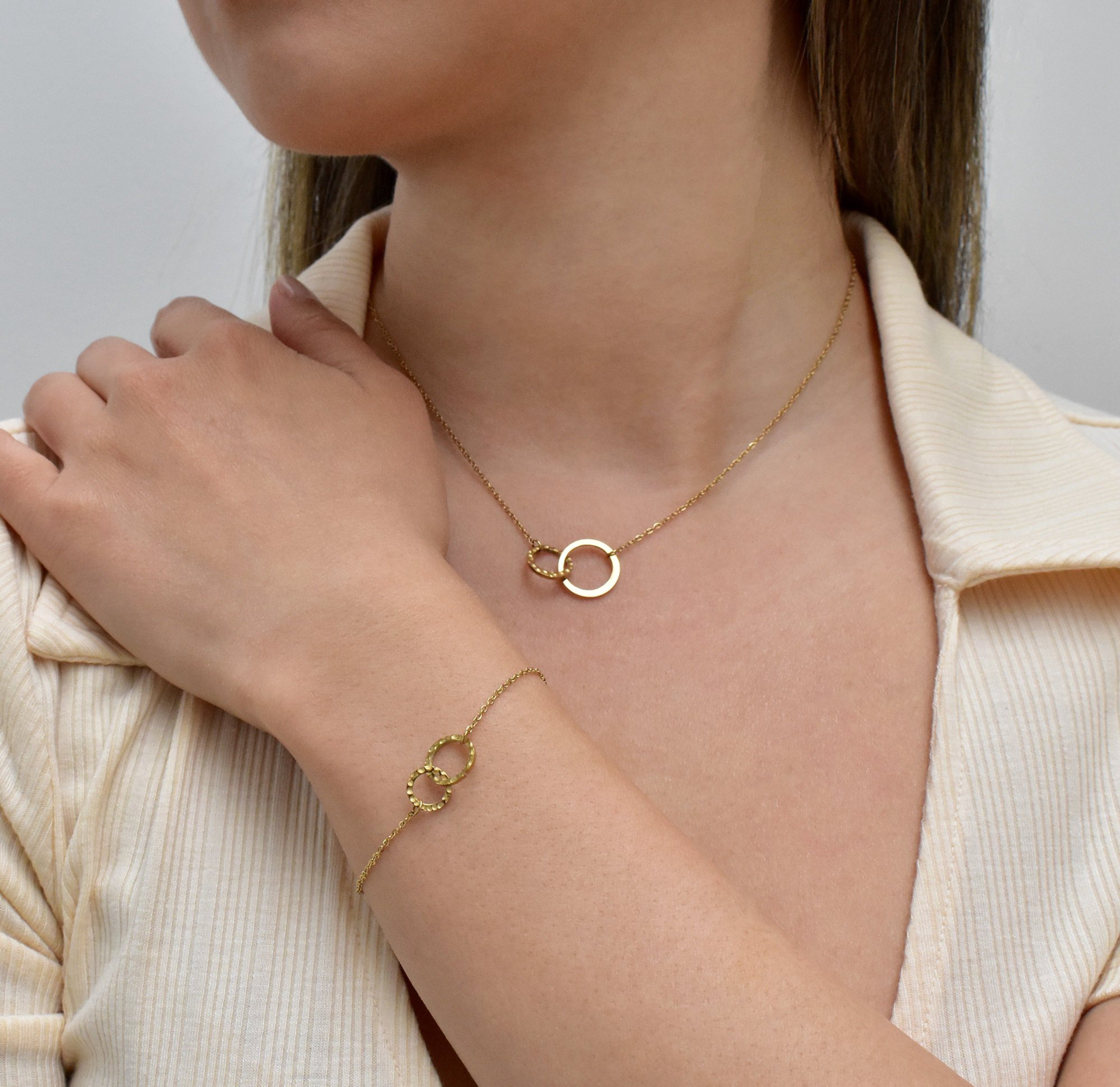 dainty gold unity link bracelet waterproof jewelry tarnish free worn on model